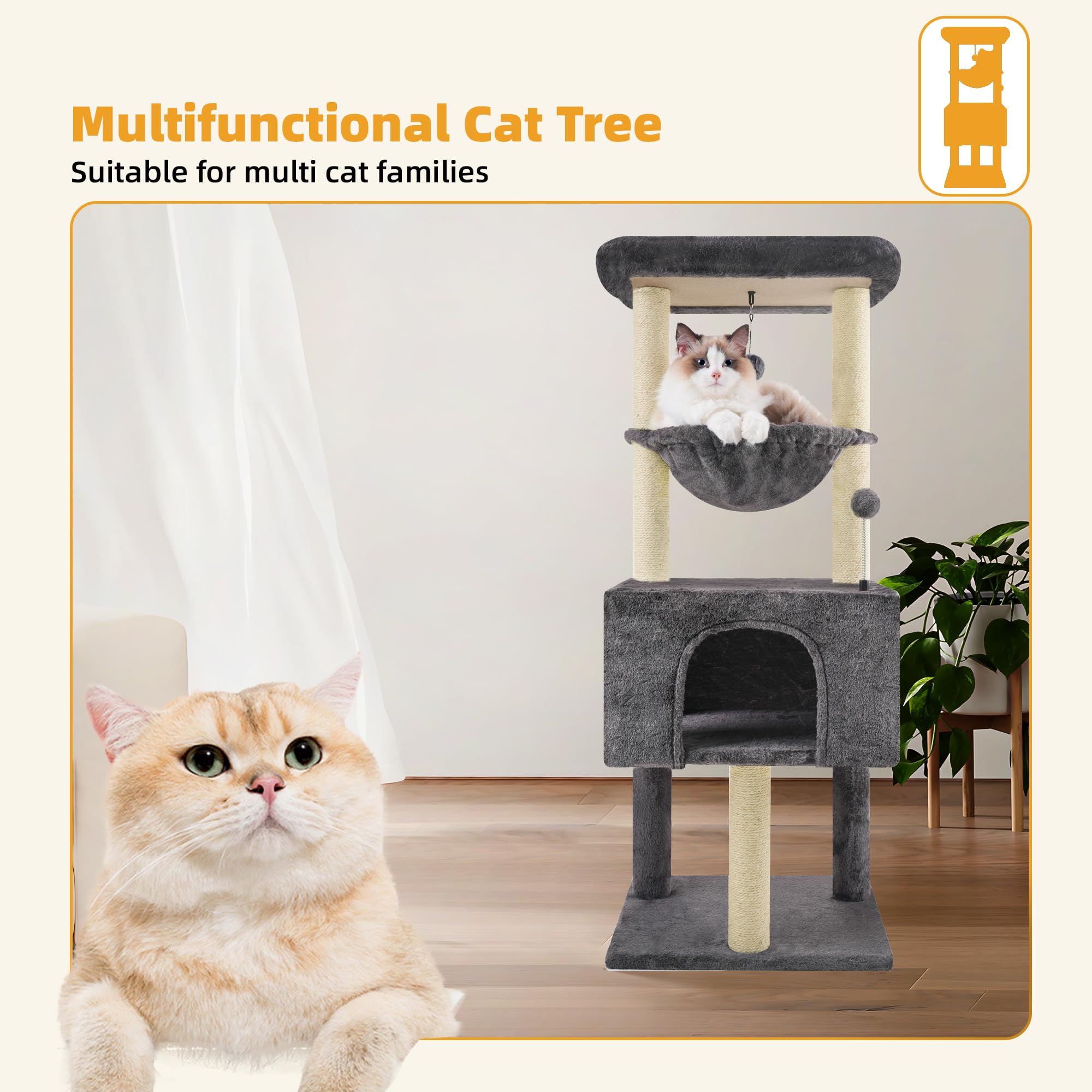 Multi-Level Cat Tree for Indoor Cats - Large Condo, Hammock & Scratching Posts - Space-Saving Dark Grey Cat Tower for Climbing & Play | Perfect for Apartments & Small Spaces