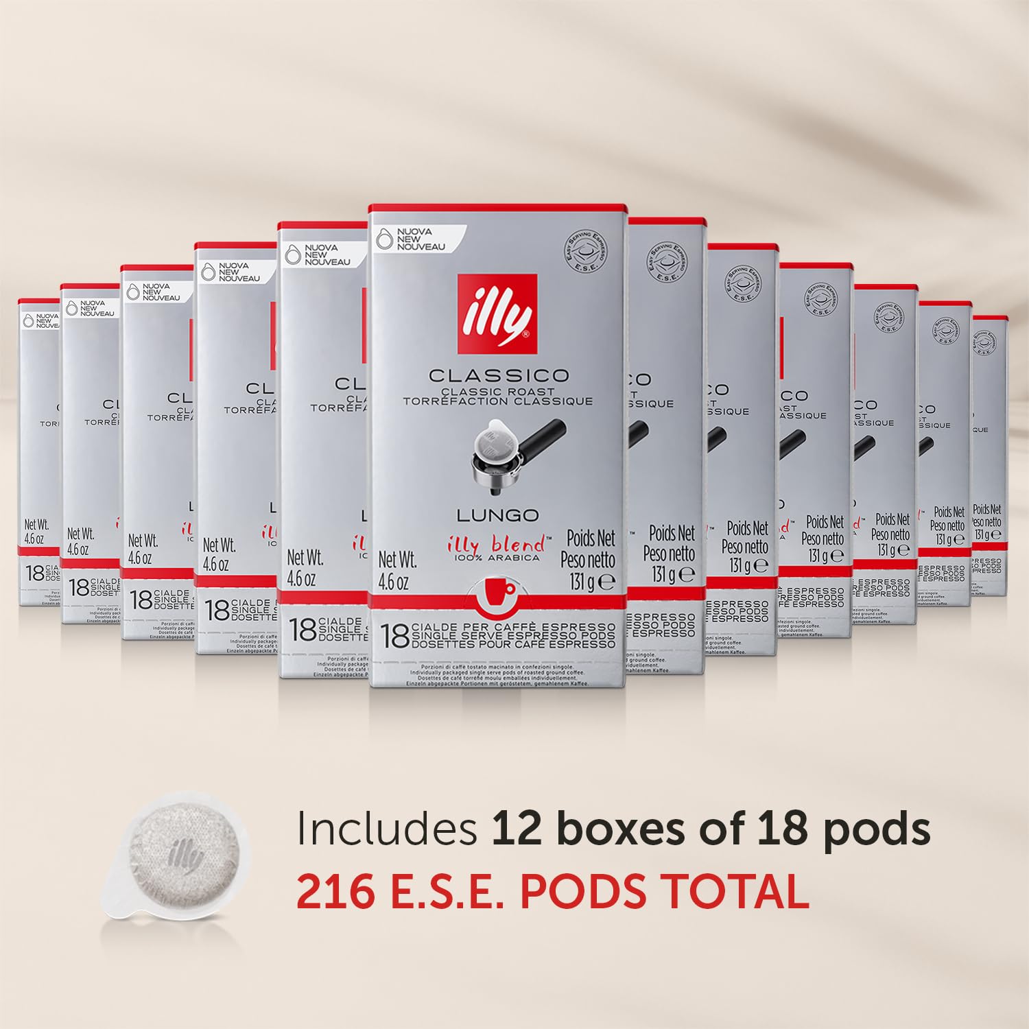 Illy E.S.E. Coffee Pods - Classico Lungo Roast with Caramel, Orange Blossom & Jasmine Notes - Compatible with E.S.E Coffee Machines - Rich Aroma & Full Body - 18 Count (Pack of 12) - Perfect for Home, Office, or Gifting
