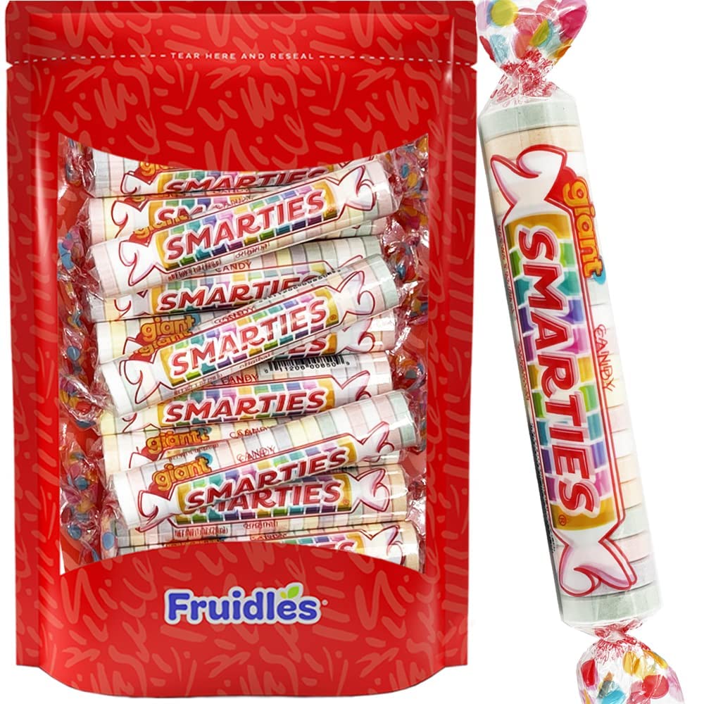 Fruidles Giant Smarties Hard Candy Roll - 18-Pack Assorted Flavors Individually Wrapped Bulk Candy for Parties, Halloween Treats & Office Snacks