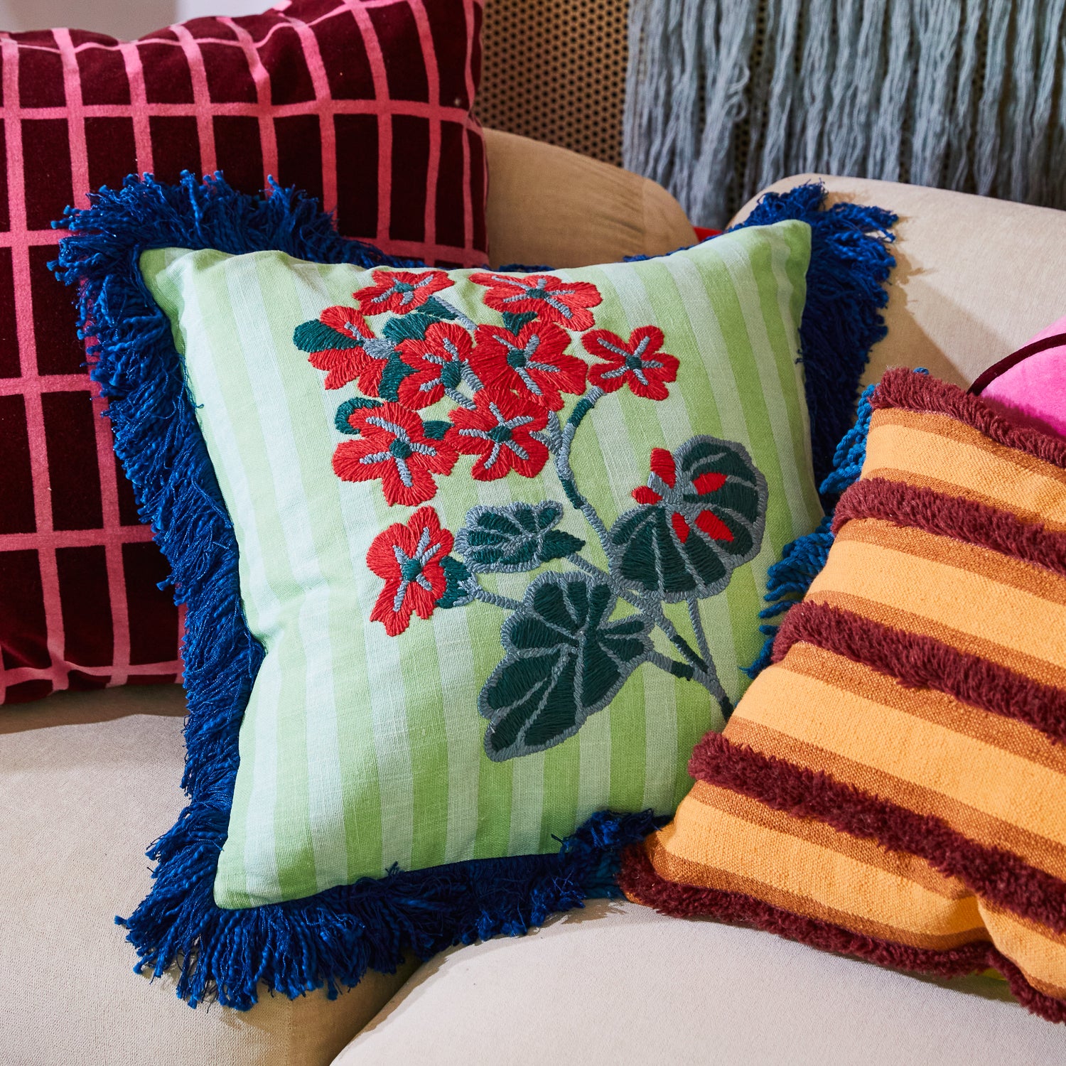 Annette Embroidered Cushion Cover - Jade Green Bohemian Style Home Decor for Sofa, Bed & Living Room