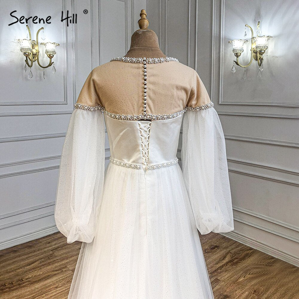 Serene Hill Ivory A-Line Sexy Evening Dresses for Women 2025 - Beaded Pearl Lantern Sleeve Gowns for Parties, Prom & Formal Events | LA71190