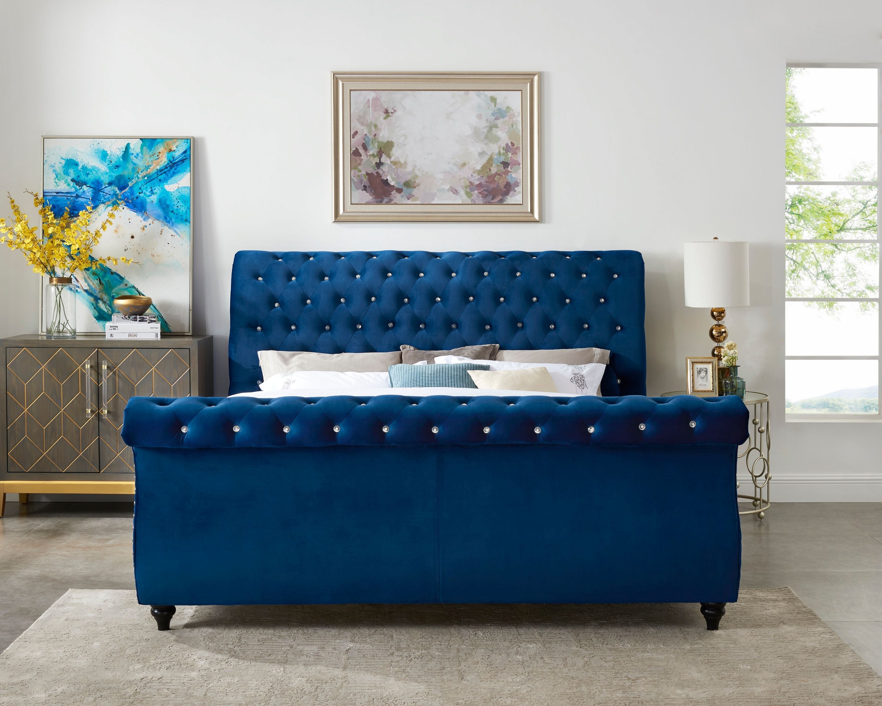 Roundhill Furniture Evora Velvet Upholstered Crystal Button Tufted Sleigh Bed - Queen Size Blue Velvet Bed Frame for Luxurious Bedroom Decor | Perfect for Master Bedrooms, Guest Rooms & Modern Apartments