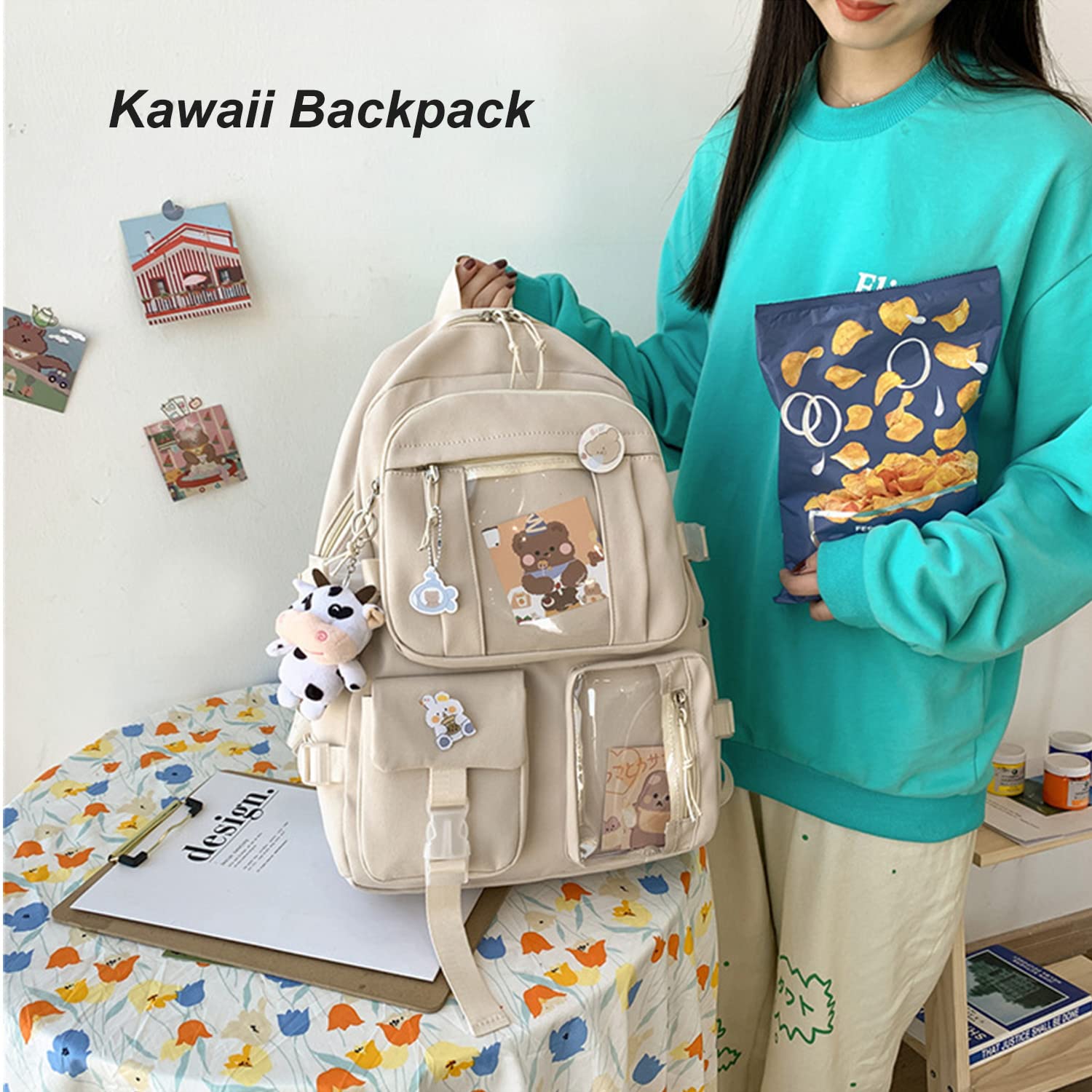 Cute Kawaii Backpack for School - Large Waterproof Aesthetic Backpack with Kawaii Pin & Accessories, Stylish School Bag for Teen Girls (Black) - Perfect for School, Travel & Everyday Use