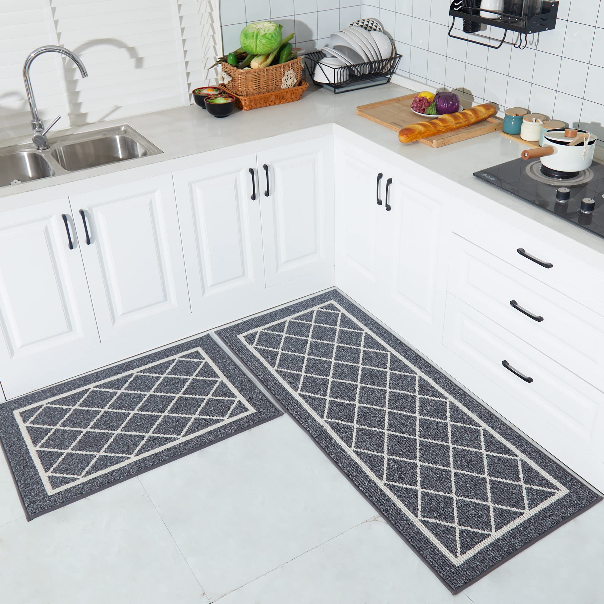 BEQHAUSE Non-Slip Kitchen Rugs - Machine Washable Floor Mats with TPR Backing, 2-Piece Grey Runner Set (24x35in & 24x60in) - Perfect for Kitchen, Dining Area, and Entryway