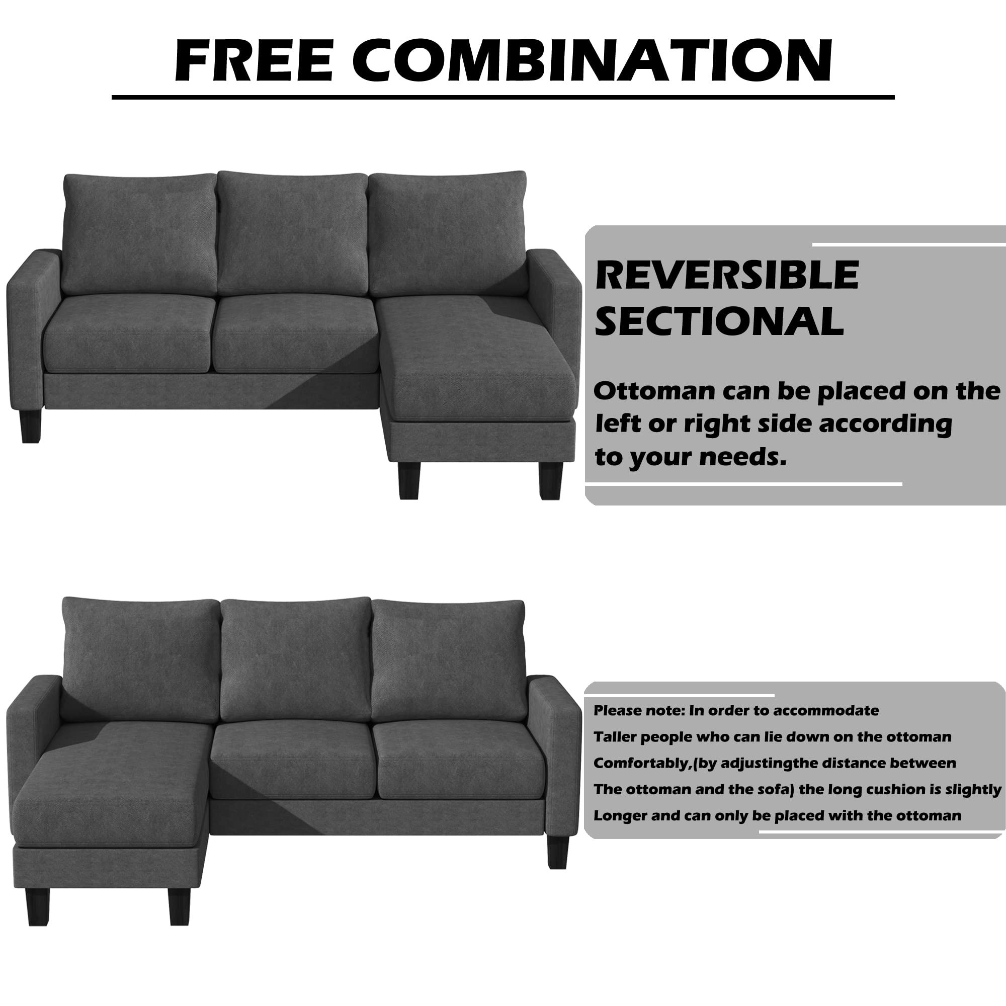 YESHOMY Convertible Sectional Sofa with Comfortable Backrest - Modern L-Shaped Couch with Cotton Fabric for Living Room, Dark Gray | Perfect for Small Spaces, Apartments & Home Theater Seating