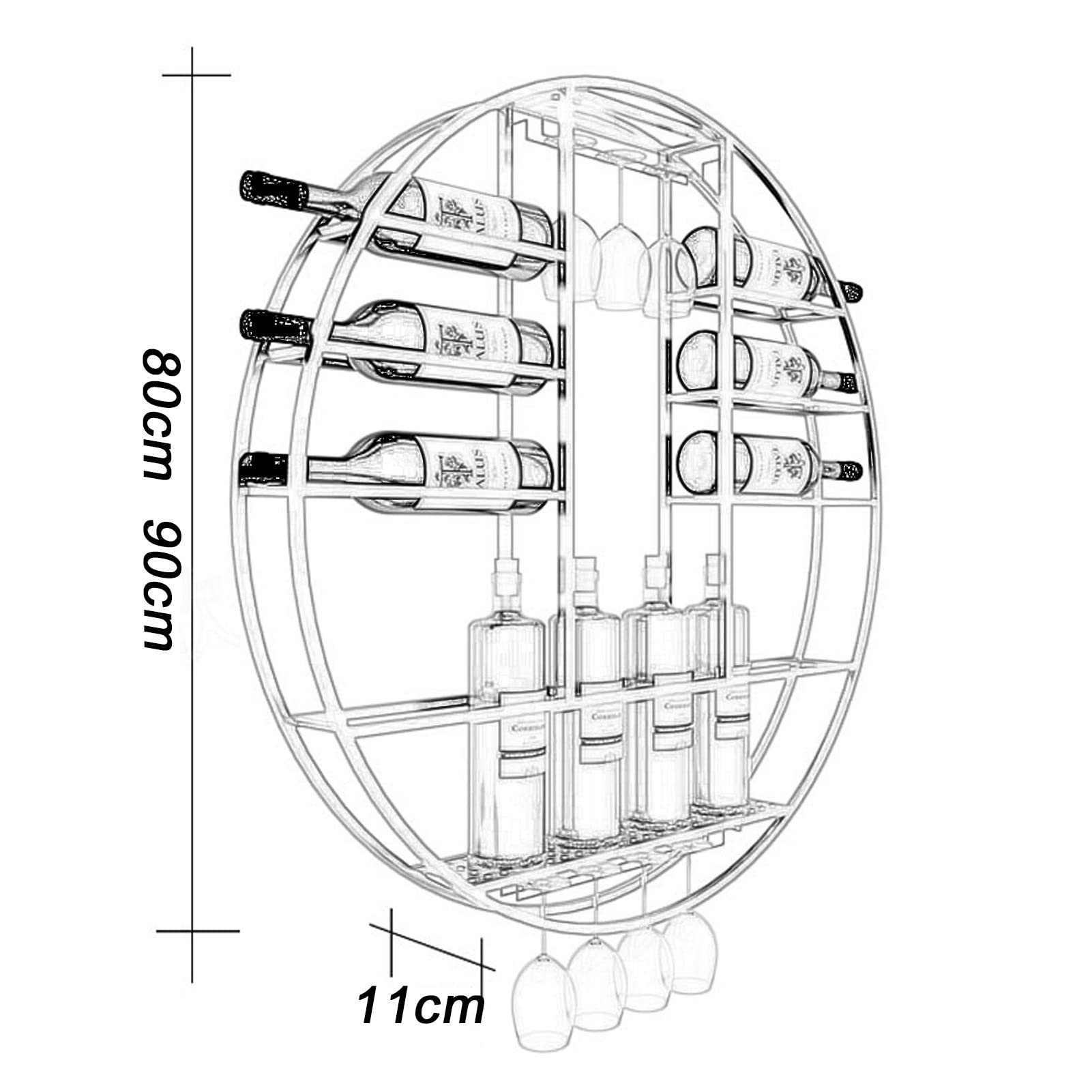 Metal Black Wall Mounted Round Wine Rack & Glass Holder - 90x11x90cm Bar Storage Shelf for Kitchen, Cellar Decor | Perfect for Home Bars, Restaurants & Wine Display