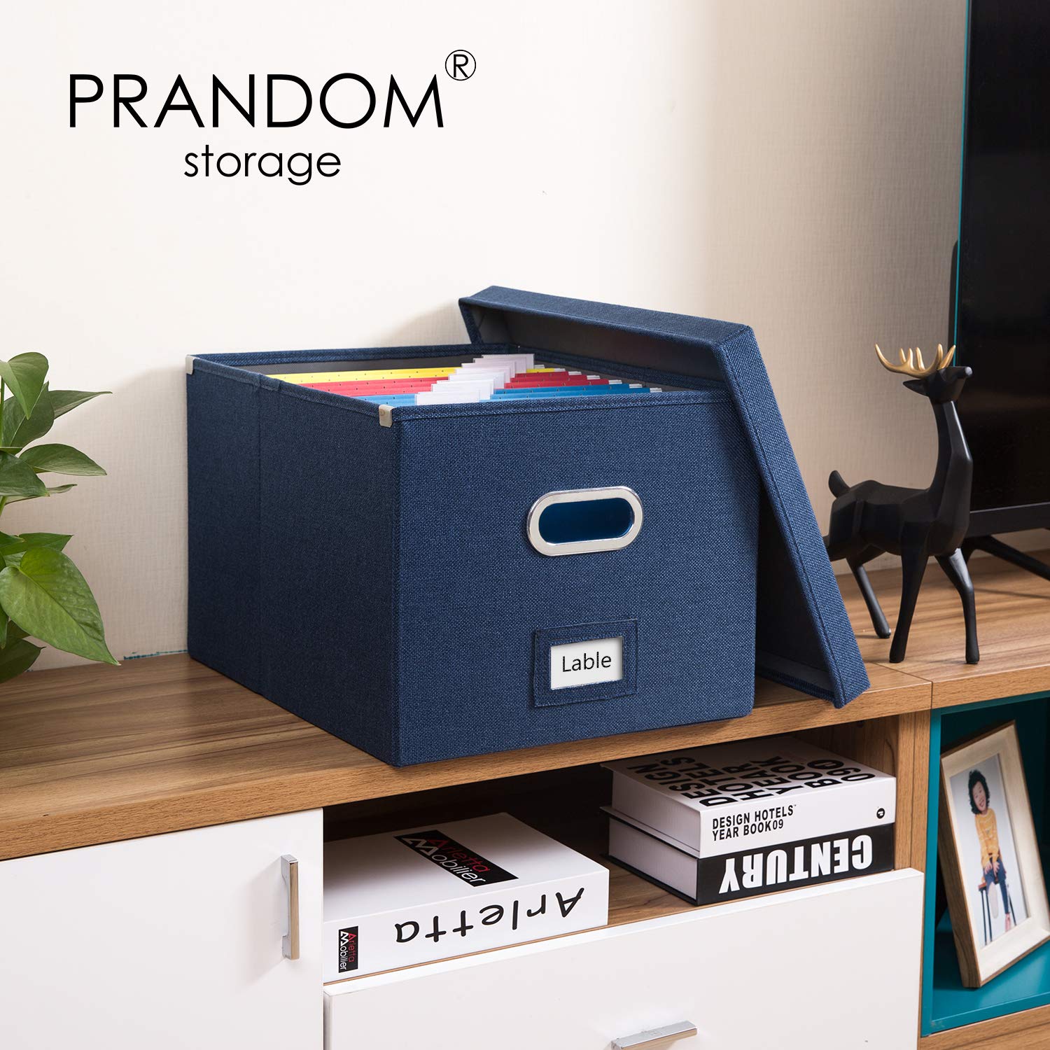PRANDOM File Organizer Box Set of 2 - Collapsible Linen Storage Bins with Lids for Office, Home & School - Letter/Legal Size Hanging File Folders (17x14x11.2 Inch, Navy Blue) - Perfect for Desk Organization, Document Storage & Cabinet Filing