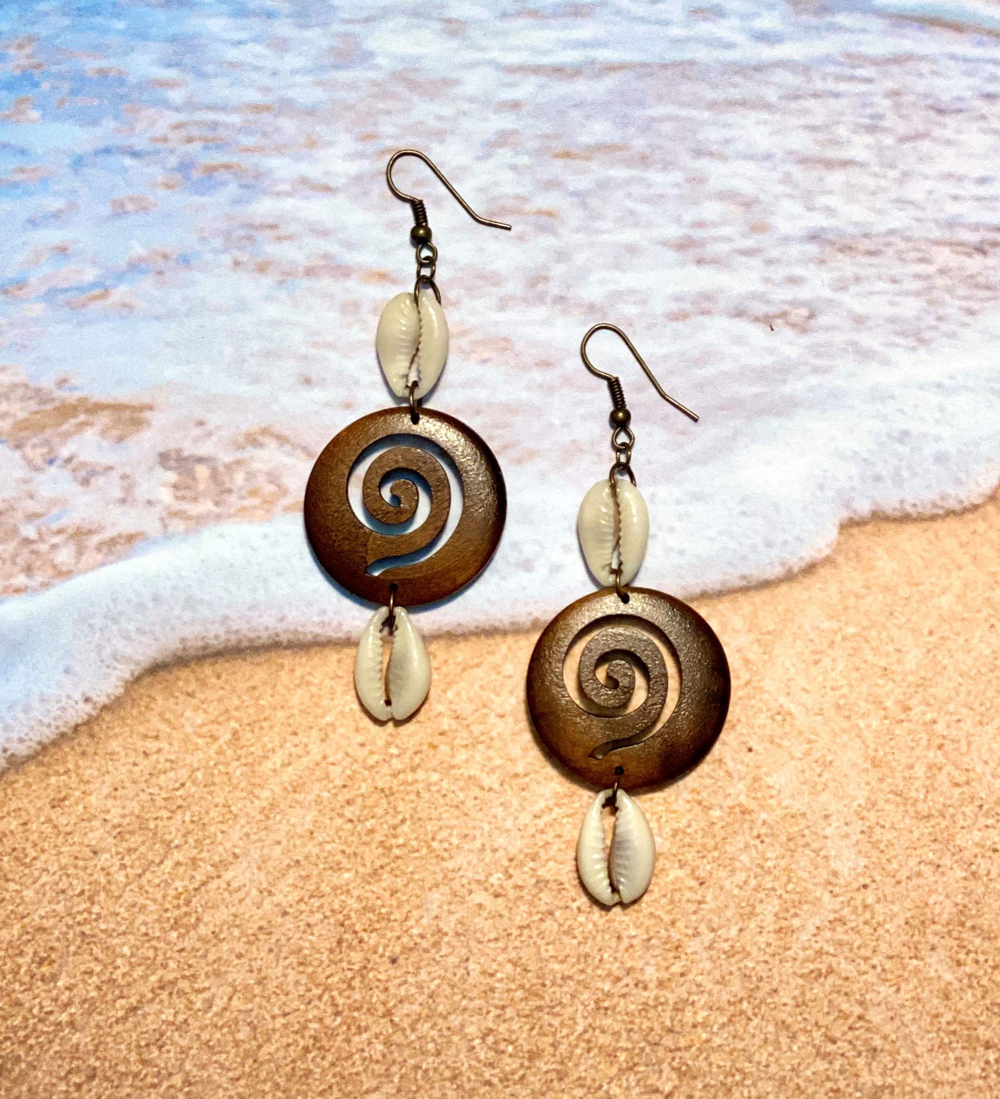 Double Cowrie Wooden Earrings - Handmade Cowry Shell Jewelry & Spiral Wood Earrings for Women - Island Style Boho Accessories - Perfect for Beach Vacations, Summer Outfits & Gift Giving