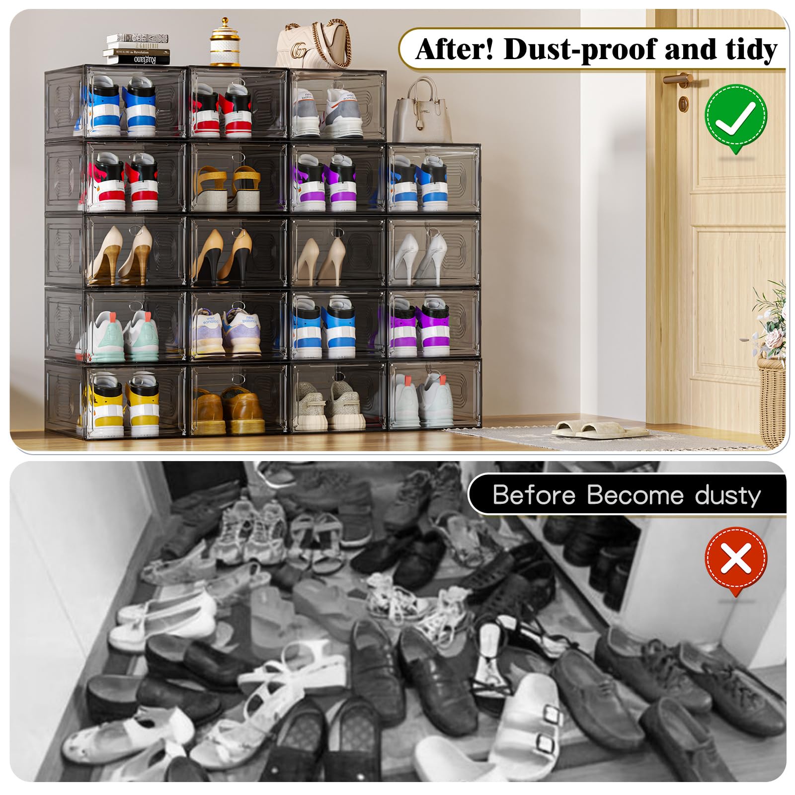 8 Pack Clear Stackable Shoe Storage Boxes with Magnetic Door - Thick Plastic Organizer for Shoes, Boots & Sneakers | Perfect for Closet Organization & Wall Display (Black)
