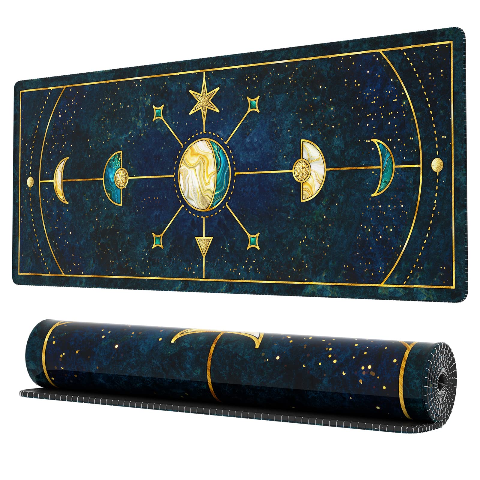 Ovenbird Large Extended Gaming Mouse Pad - 31.5x11.8 Inch Marble Teal Computer Desk Mat with Moon Phases Design for Keyboard & Mouse - Non-Slip Base for PC, Laptop, Office & Gaming Setup