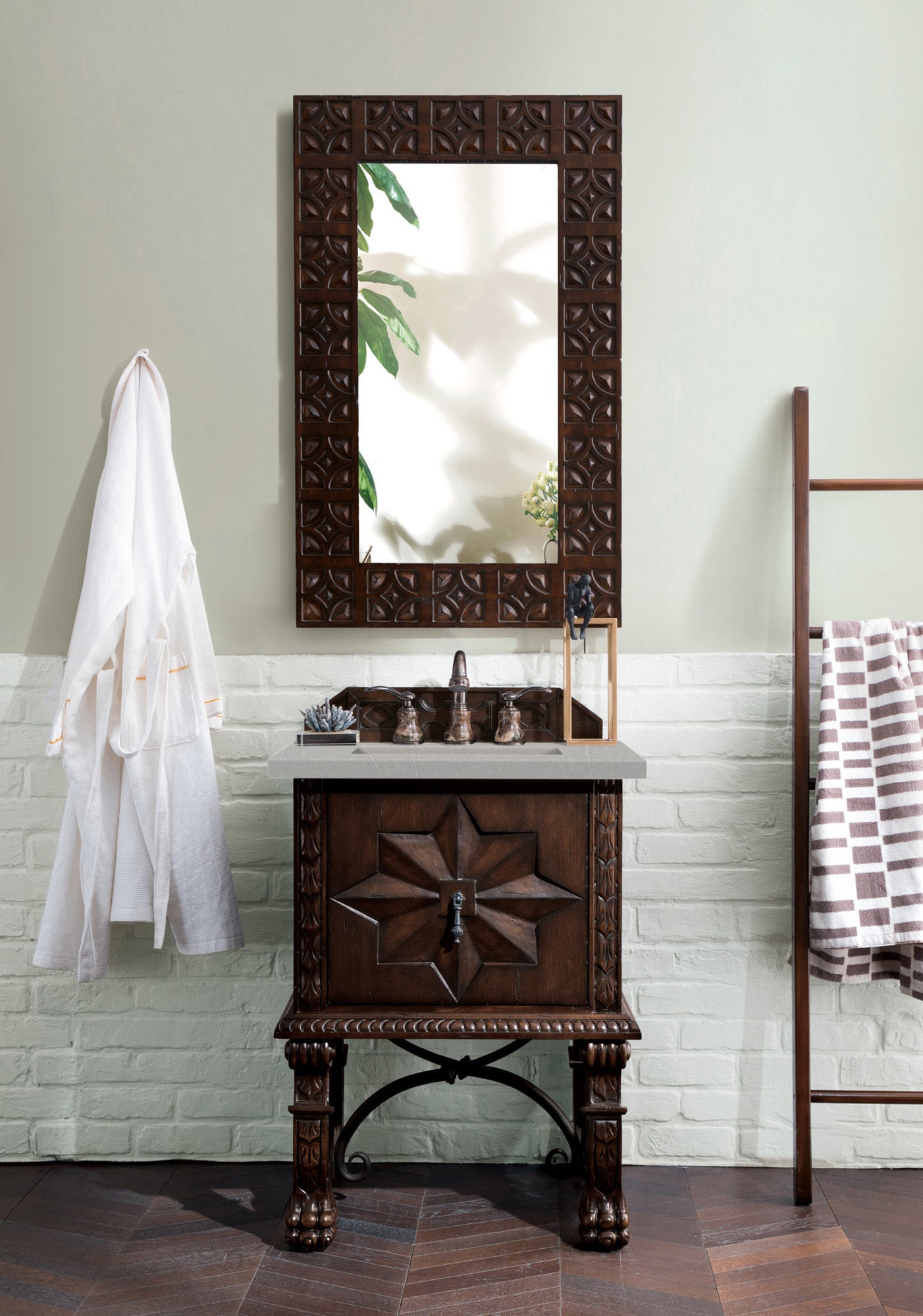 Balmoral 26 Inch Single Bathroom Vanity Set with 3CM Eternal Serena Quartz Countertop - Antique Walnut Finish - Perfect for Small Bathrooms & Powder Rooms