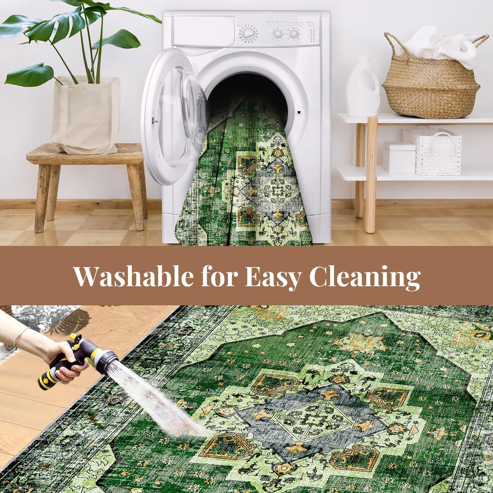 8x10 Area Rugs for Living Room & Bedroom - Faux Wool Low-Pile Non-Slip Washable Carpet with TPR Backing - Durable Green Large Rug for High Traffic Areas - Perfect for Home, Office & Apartment Decor