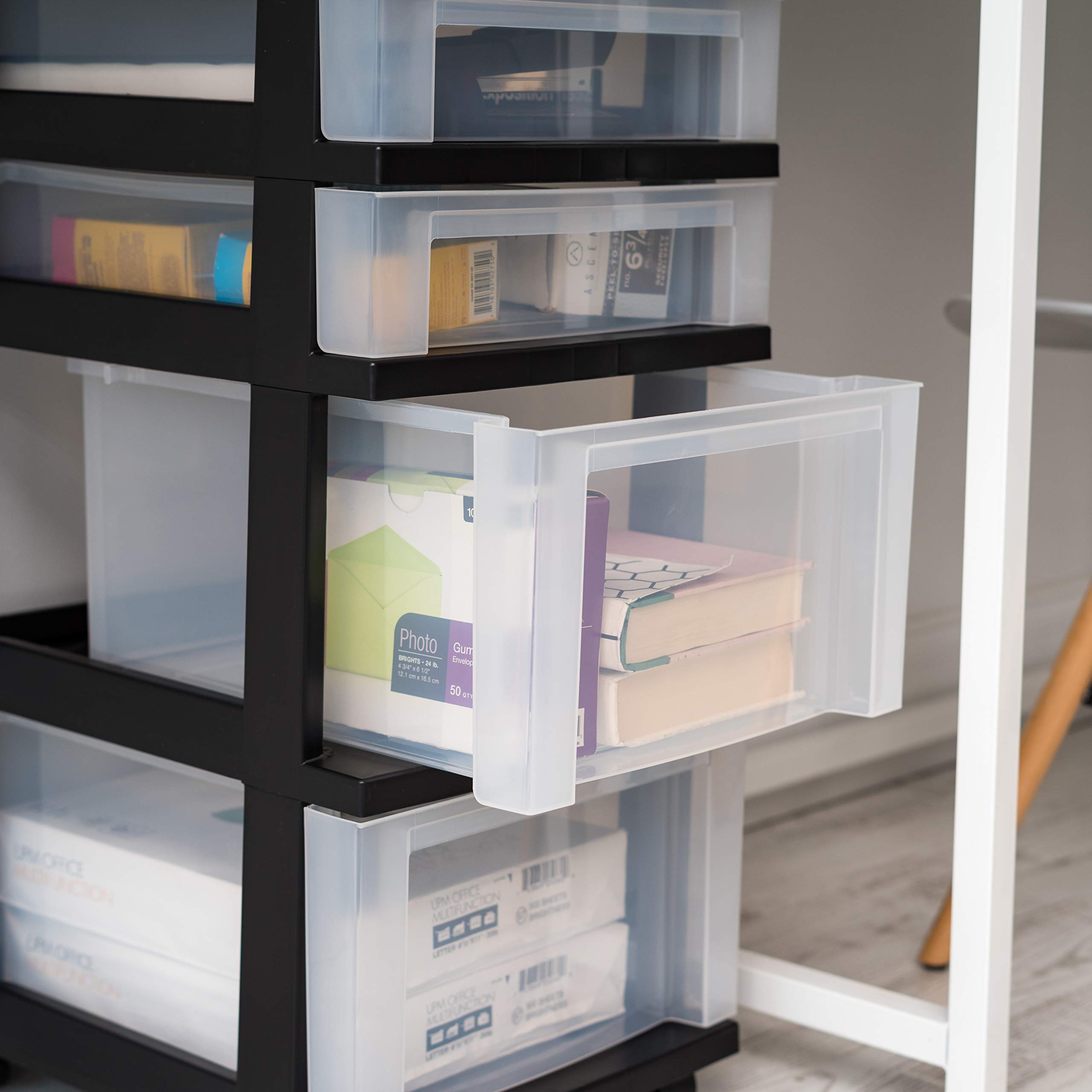 IRIS USA 4-Drawer Plastic Storage Cart with Wheels - Rolling Organizer for Classroom, Craft Supplies, Bathroom, Bedroom & Laundry - Black/Clear - Perfect for Dorm Rooms, Closet Organization & Art Studio Storage