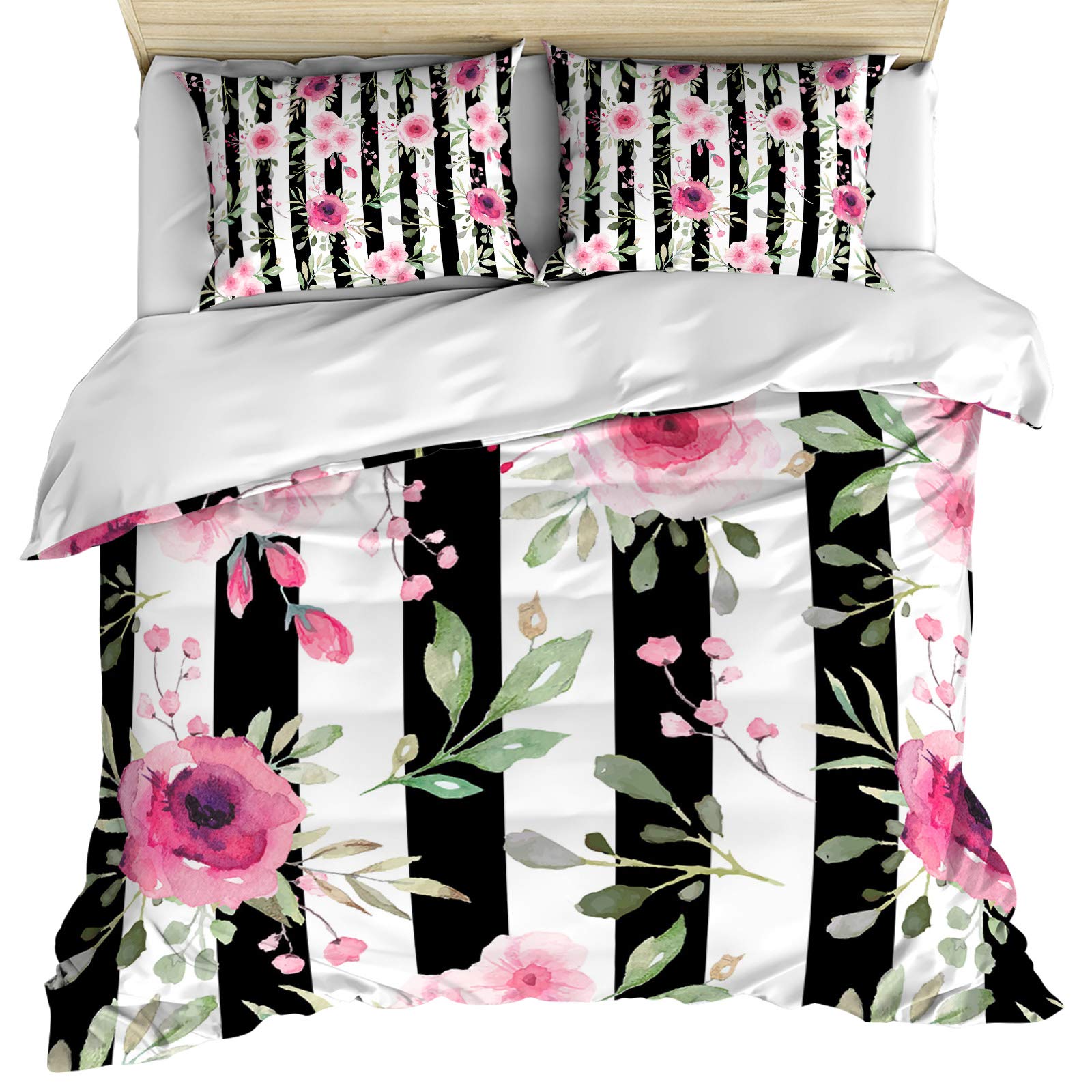 3-Piece Queen Floral Striped Duvet Cover Set with 2 Pillowcases - Watercolor Spring Design in Black, White & Pink - Soft Bedspread for Kids, Teens & Adults - Perfect for Guest Rooms, Dorm Decor & Cozy Bedroom Makeovers