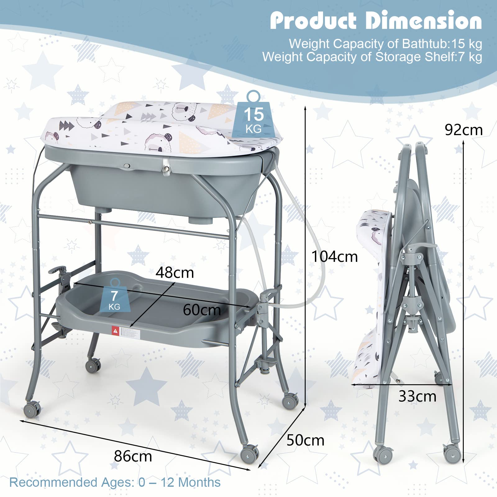 GYMAX Portable Folding Baby Changing Table with Bathtub - Newborn Diaper Changing Station with PVC Pad, Storage Tray & Wheels - Nursery Organizer for Infant Care (Grey) - Perfect for Home Nursery, Daycare & Travel Use