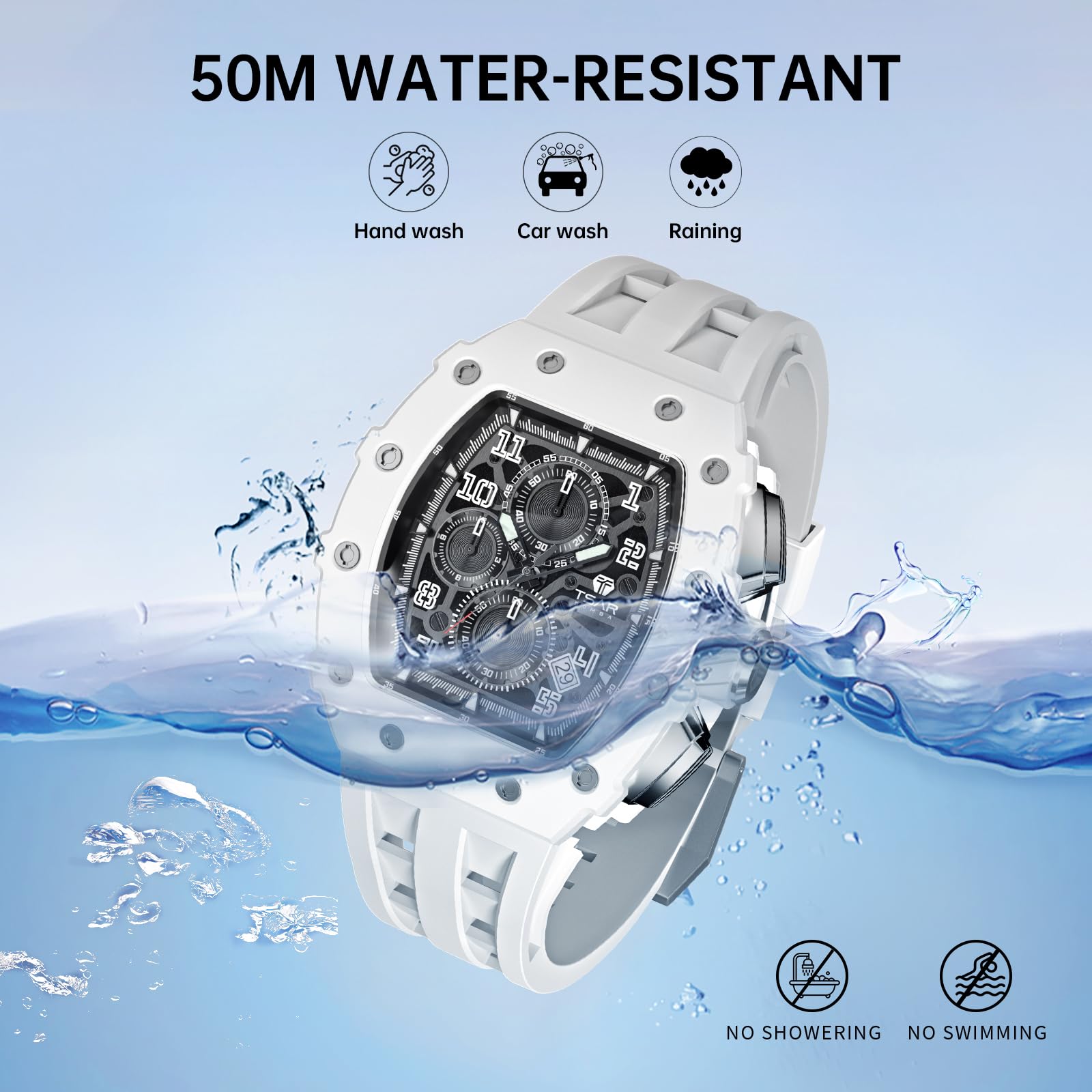 **TSAR BOMBA Luxury Men's Watch - Waterproof 50M Analog Chronograph with Calendar Date - Tonneau Design for Business, Dress & Diving - Large Square Face Wristwatch for Work & Formal Occasions**