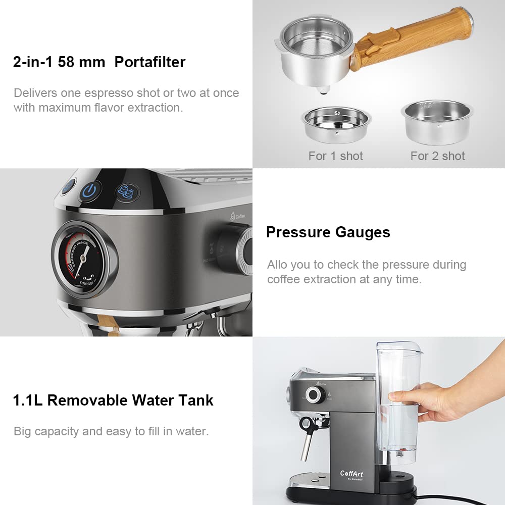 Biolomix 20 Bar Espresso Coffee Maker Machine with Milk Frother Wand - Professional Espresso, Cappuccino, Latte & Mocha Maker (CM7008) - Includes Coffee Tamper & Tamping Mat - Perfect for Home Baristas & Coffee Lovers