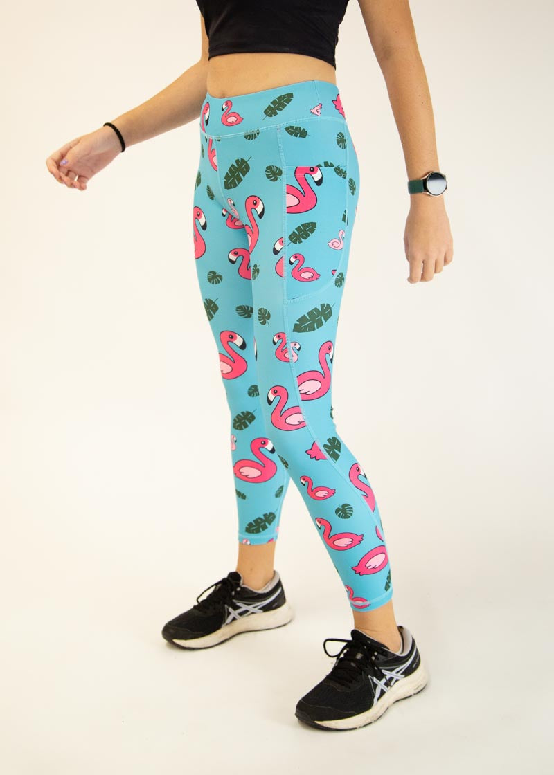 Women's Blue Flamingo Print Yoga Leggings - High Waisted Stretchy Workout Pants for Running, Gym & Lounge Wear