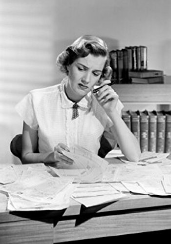 Woman Sitting at Desk Looking at Documents - 18x24 Inch Office Wall Art Poster Print for Home Office Decor & Professional Workspace Inspiration