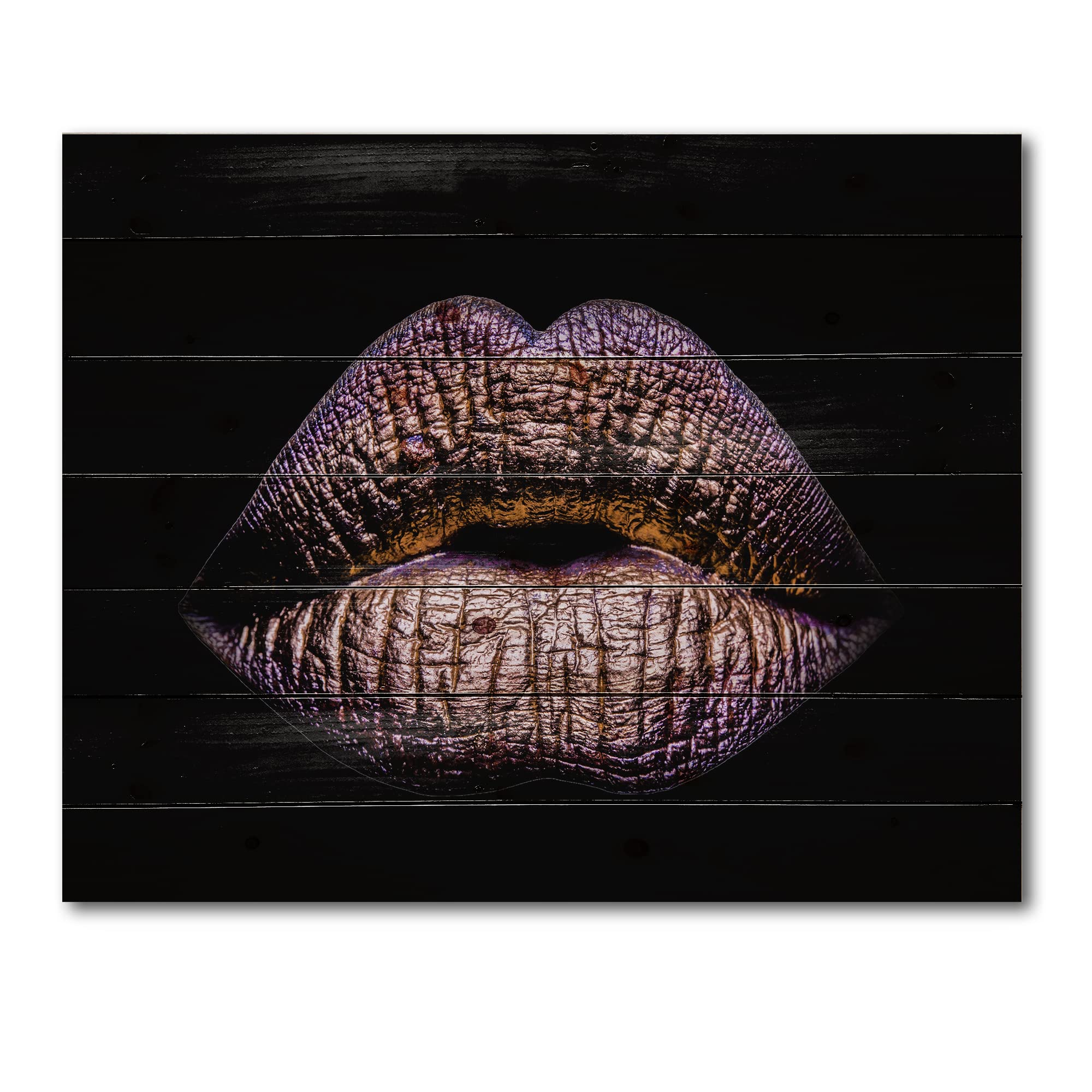 Golden Lips Wood Wall Art - Modern Purple Pine Decor for Living Room