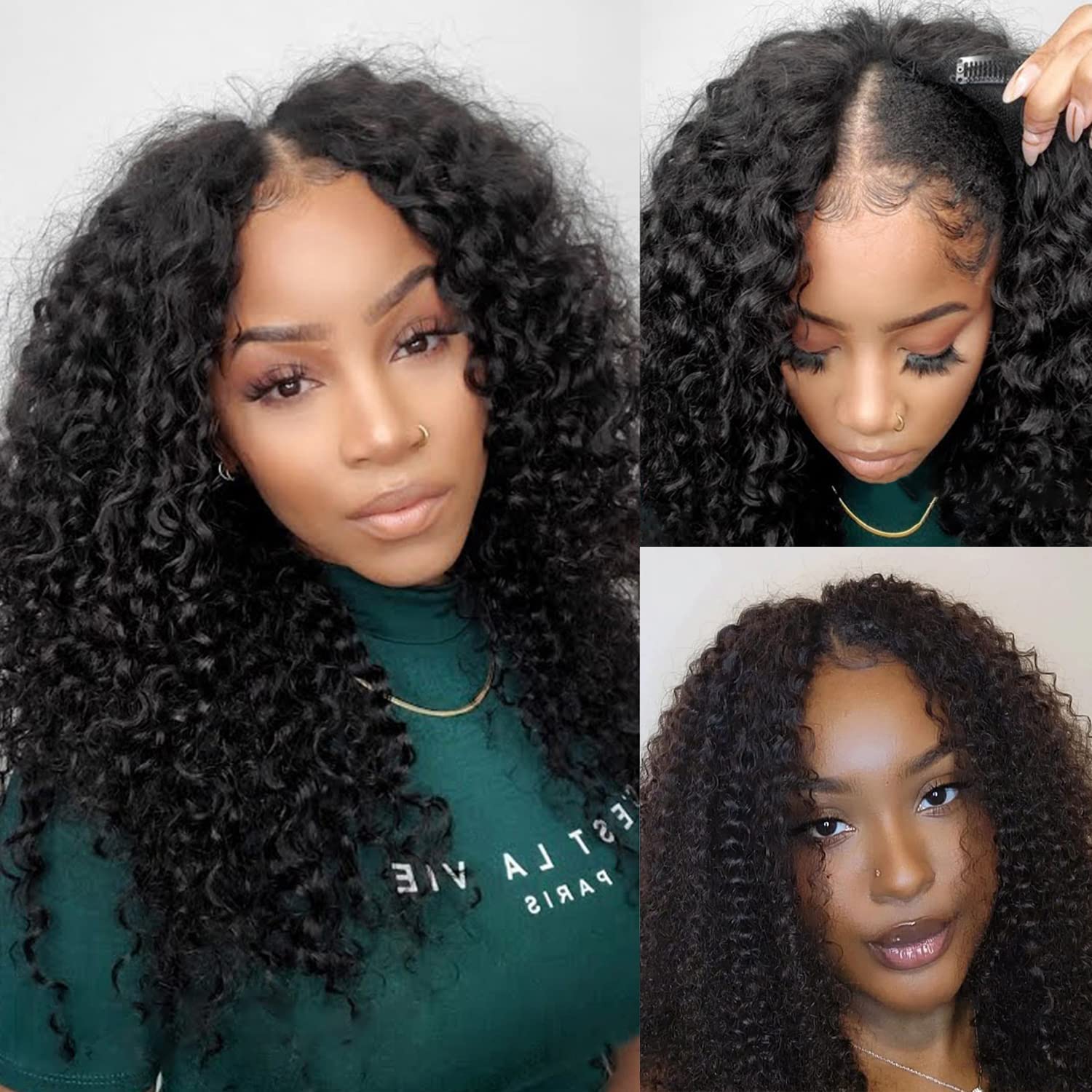 V SHOW 20 Inch V Part Deep Wave Human Hair Wigs - Glueless No Leave Out Curly Wave U Part Wig 150% Density (Natural Black) for Women | Perfect for Daily Wear, Parties & Special Occasions