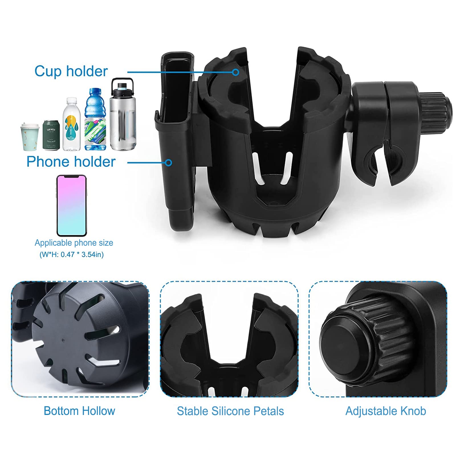 Universal Stroller Cup Holder with Phone Pocket - 2-in-1 Drink & Smartphone Holder for Baby Strollers, Wheelchairs, Bikes & Scooters - Perfect for Parents on the Go, Outdoor Adventures & Daily Commutes
