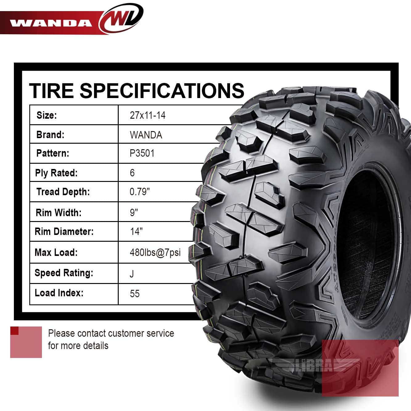 WANDA ATV UTV Tires 27X11-14 6PR All-Terrain Mud Tires for Off-Road Vehicles - Perfect for Trail Riding, Hunting, and Farm Work