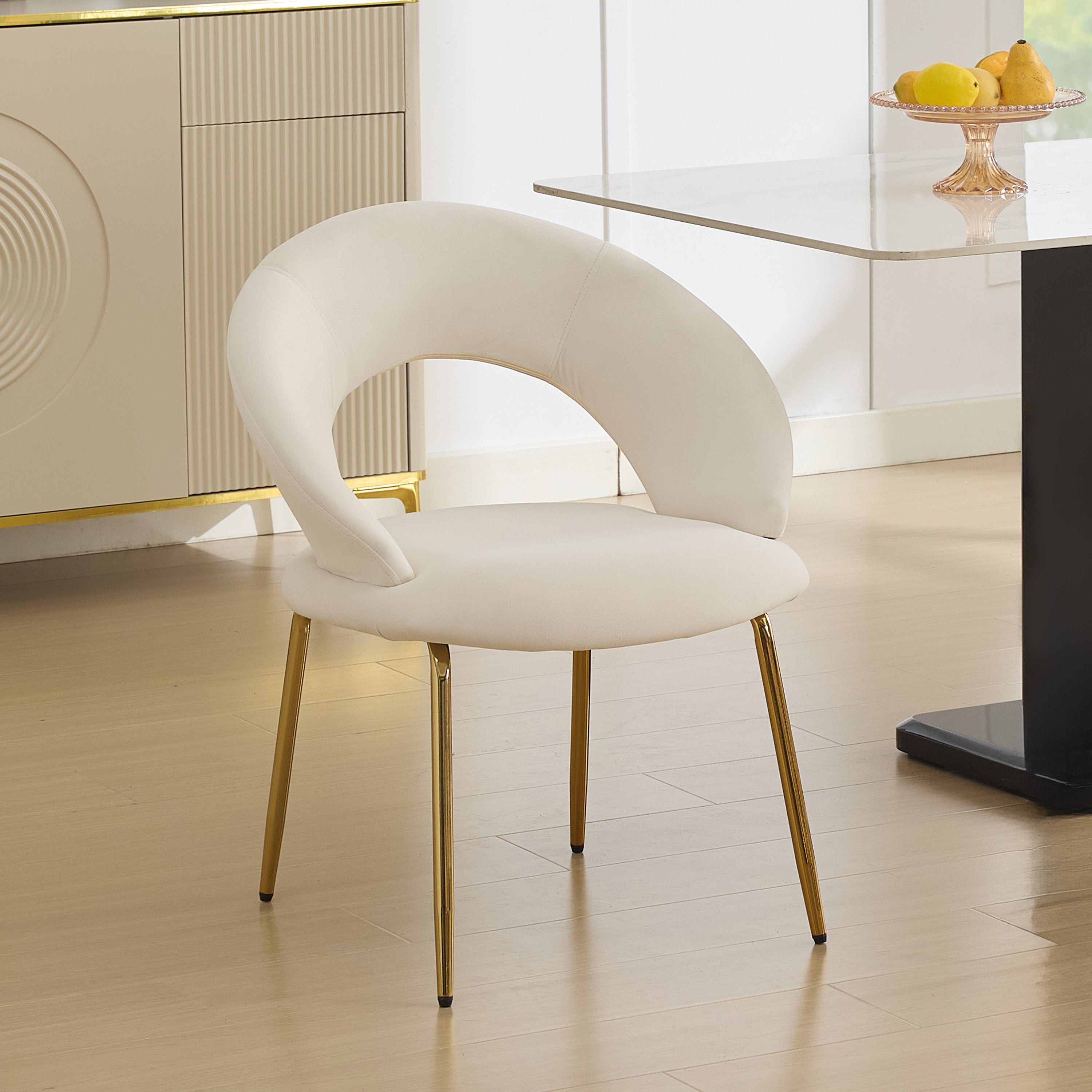 Velvet Dining Chairs Set of 1 - White Upholstered Kitchen Chairs with Curved Backrest & Gold Metal Legs for Dining Room, Restaurant or Home Decor