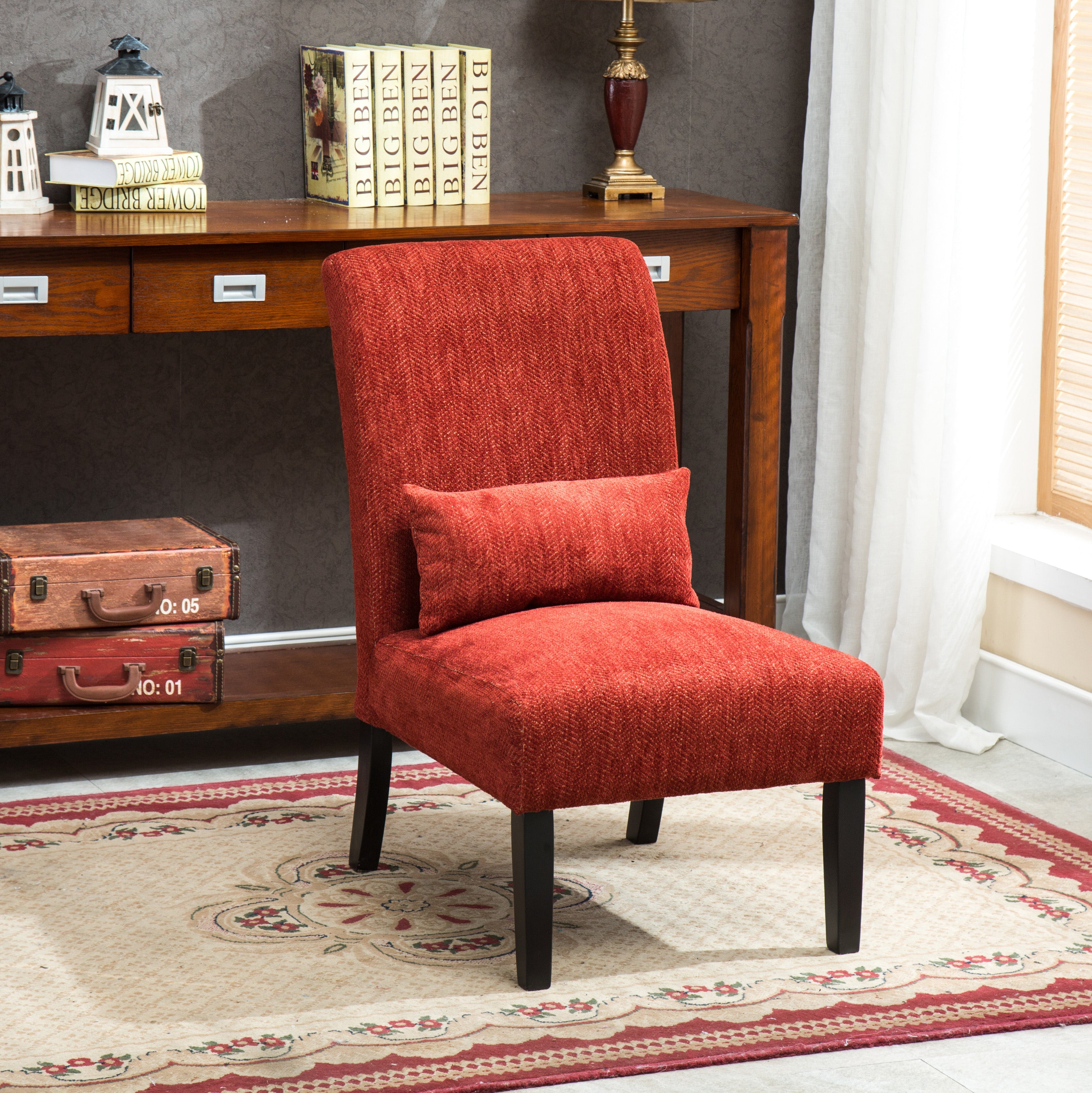 Roundhill Furniture Pisano Chenille Fabric Armless Contemporary Accent Chair with Matching Kidney Pillow in Red - Modern Living Room Seating for Home Office & Lounge