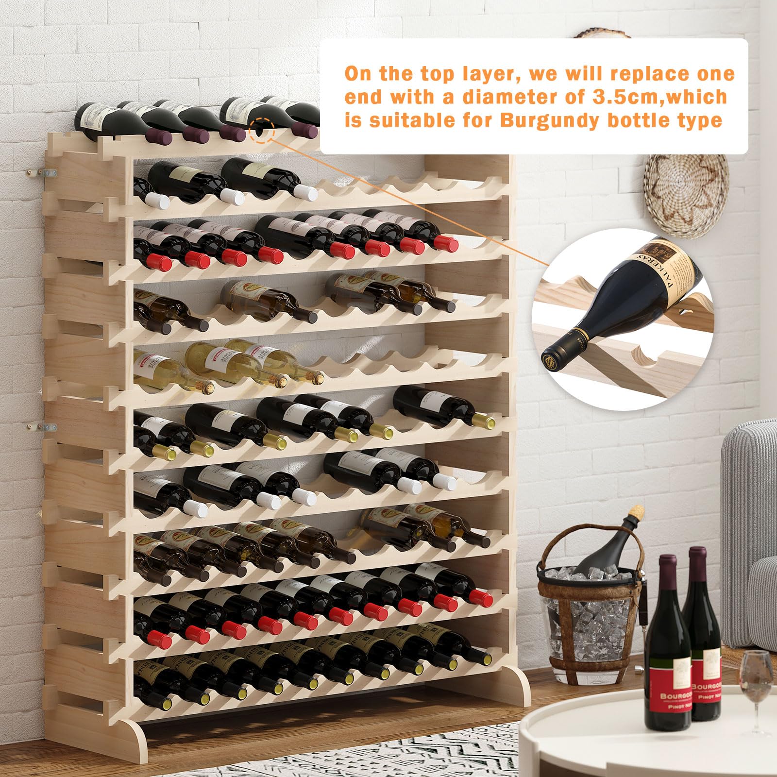 DlandHome 10-Tier Stackable Wine Rack - 100 Bottle Capacity Freestanding Modular Wine Storage Shelf - Natural Wood Wine Bottle Organizer for Kitchen, Bar, Dining Room & Wine Cellar - Perfect for Home Entertaining & Wine Collection Display
