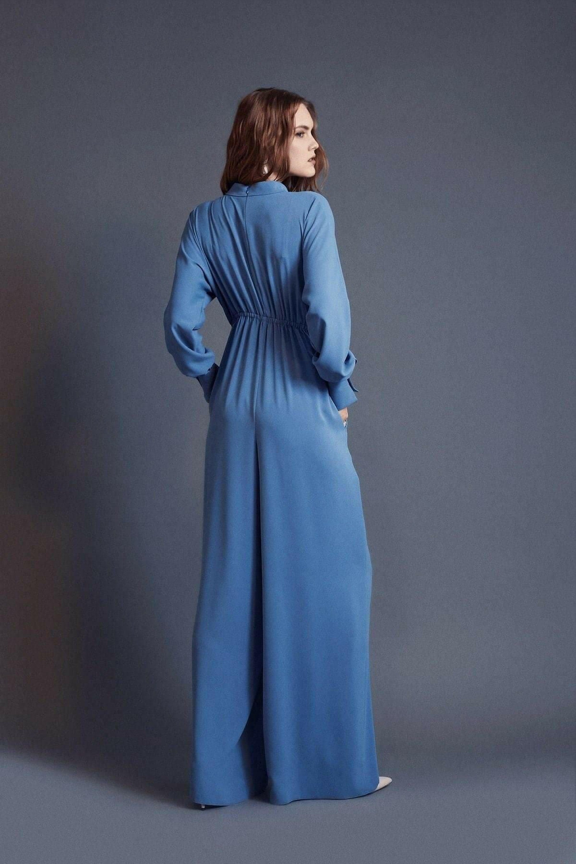 Elegant Draped Lisa Gathered High Waist Jumpsuit in Blue - Modest Romper for Women | Perfect for Casual Outings, Summer Parties & Beach Vacations