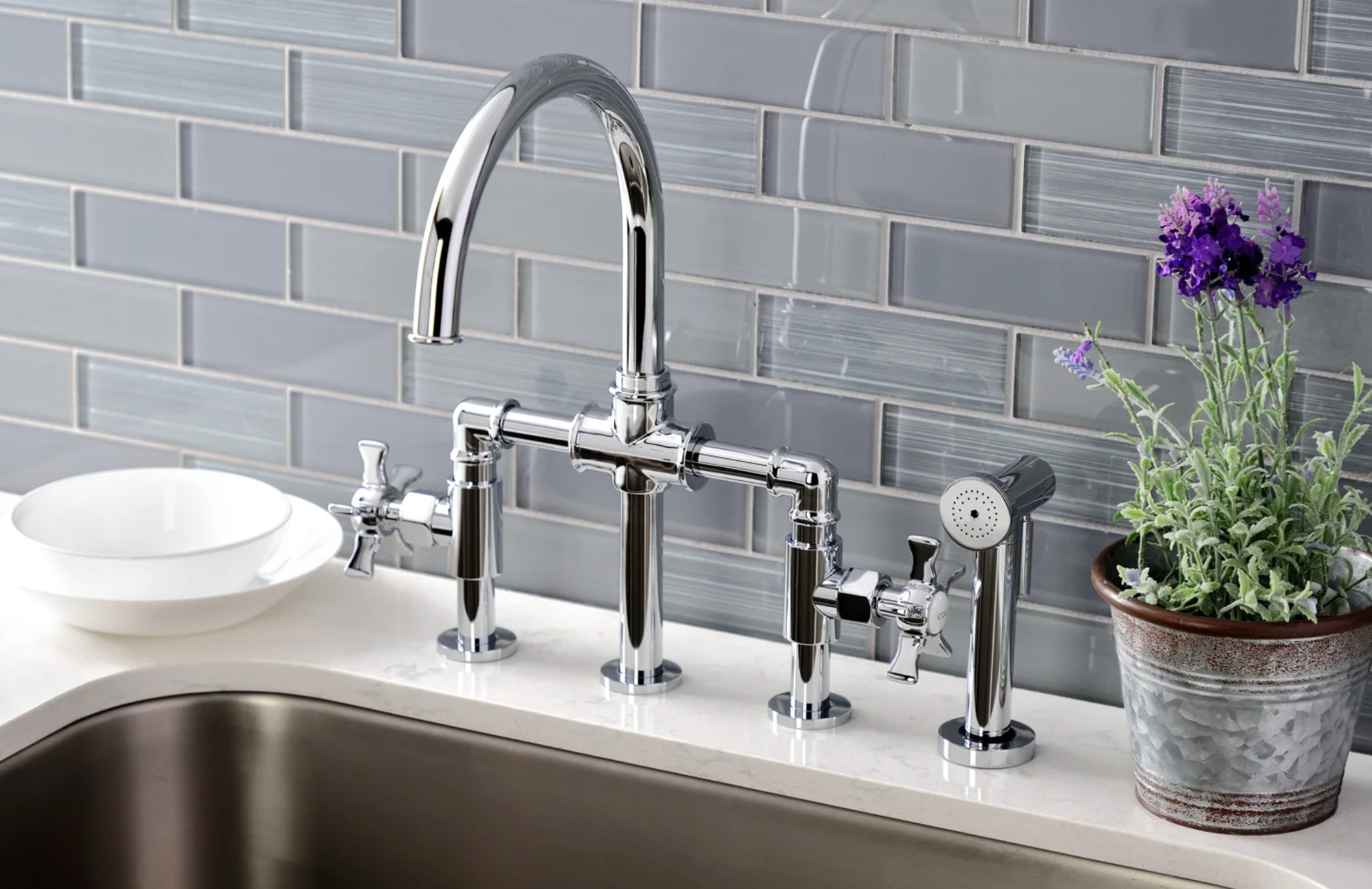 Industrial Style Bridge Kitchen Faucet with Brass Sprayer - Vintage Brass Pull Down Sprayer Faucet for Farmhouse & Modern Kitchens | Perfect for Cooking, Washing Dishes & Food Prep
