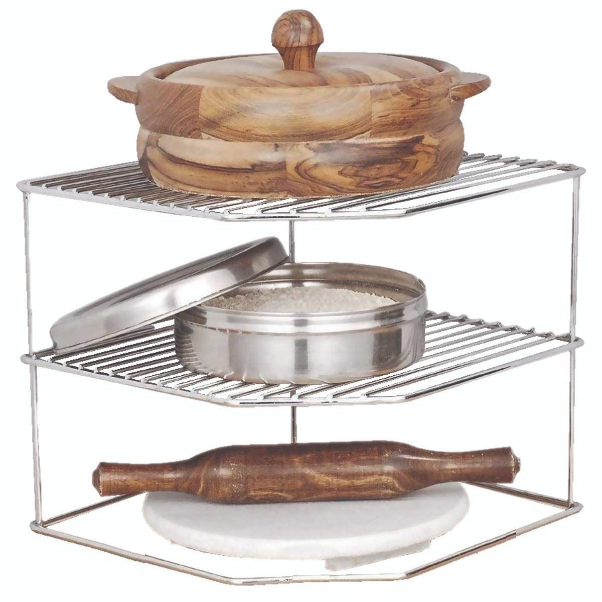 Stainless Steel 3-Tier Corner Kitchen Organizer - Dish Rack, Storage Shelf & Utensil Holder for Pots, Pans & Cookware | Space-Saving Cabinet Organizer for Small Kitchens & Apartments | Perfect for Countertop, Pantry & Cupboard Organization