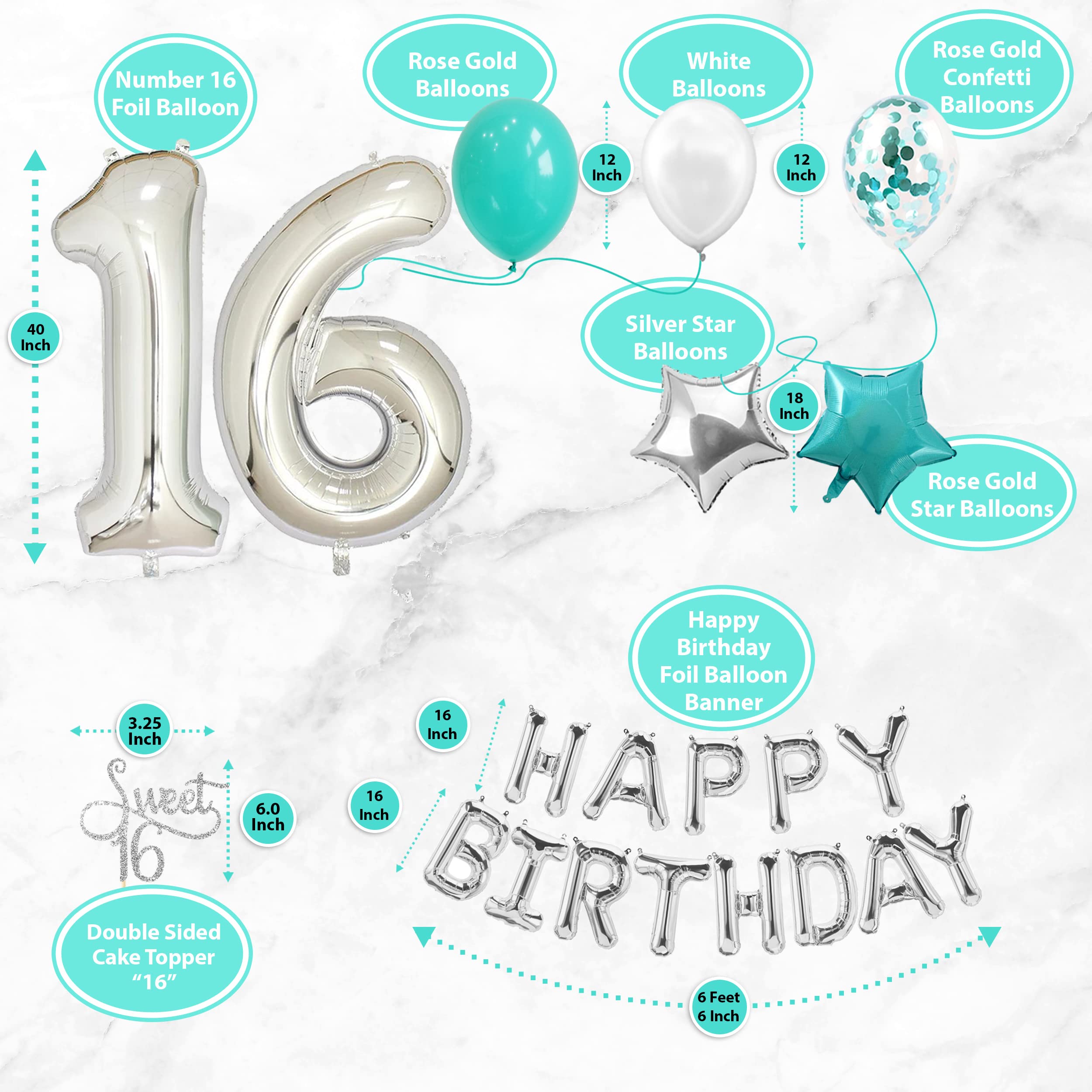 Sweet 16 Party Decorations Kit - 70PCS Teal Green & White Birthday Supplies for Girls (Sash, Balloon Numbers, Cake Topper, Banners, Photo Booth Props) - Perfect for Sweet 16 Celebrations, Birthday Parties & Photo Shoots