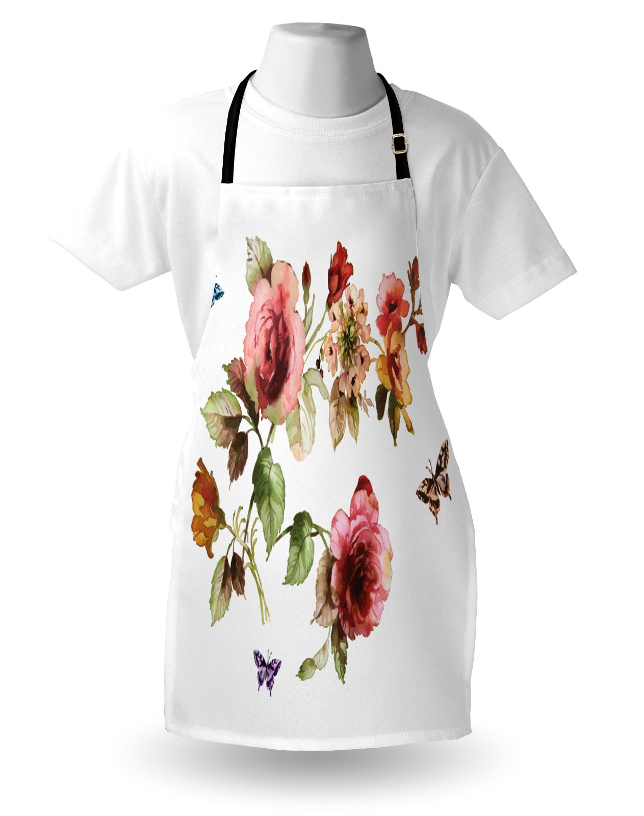 Ambesonne Floral Apron - Shabby Chic Roses, Buds, Leaves & Tulips with Butterfly Print - Adjustable Unisex Kitchen Bib Apron for Cooking, Baking, Gardening - Eco-Friendly Multicolor Design - Perfect for Home Chefs, Bakers & Garden Enthusiasts