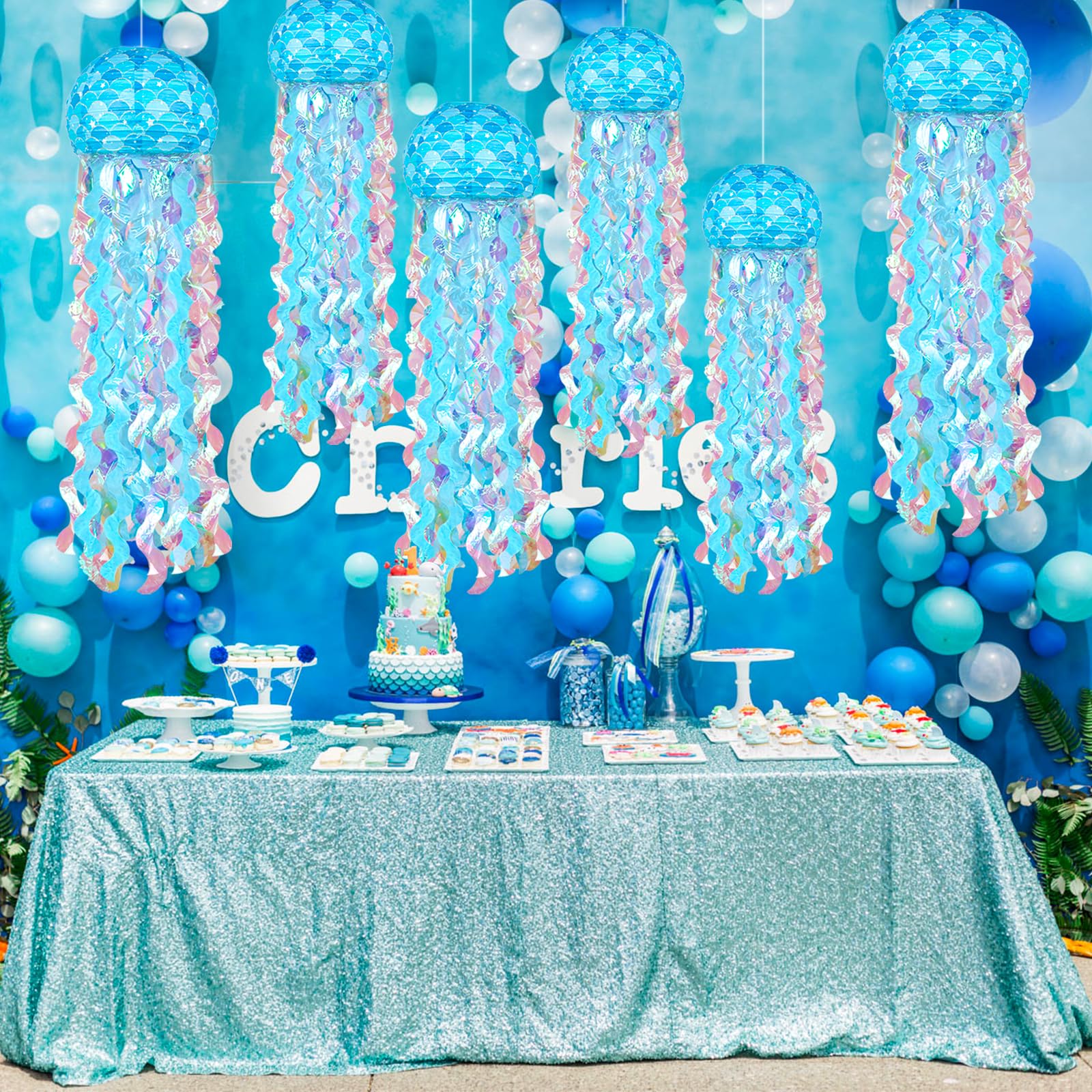6 Pack Blue Mermaid Hanging Jellyfish Paper Lanterns - Under The Sea Party Decorations for Ocean Theme, Girls Birthday & Baby Shower - Perfect for Mermaid Themed Parties, Nursery Decor and Underwater Photo Backdrops