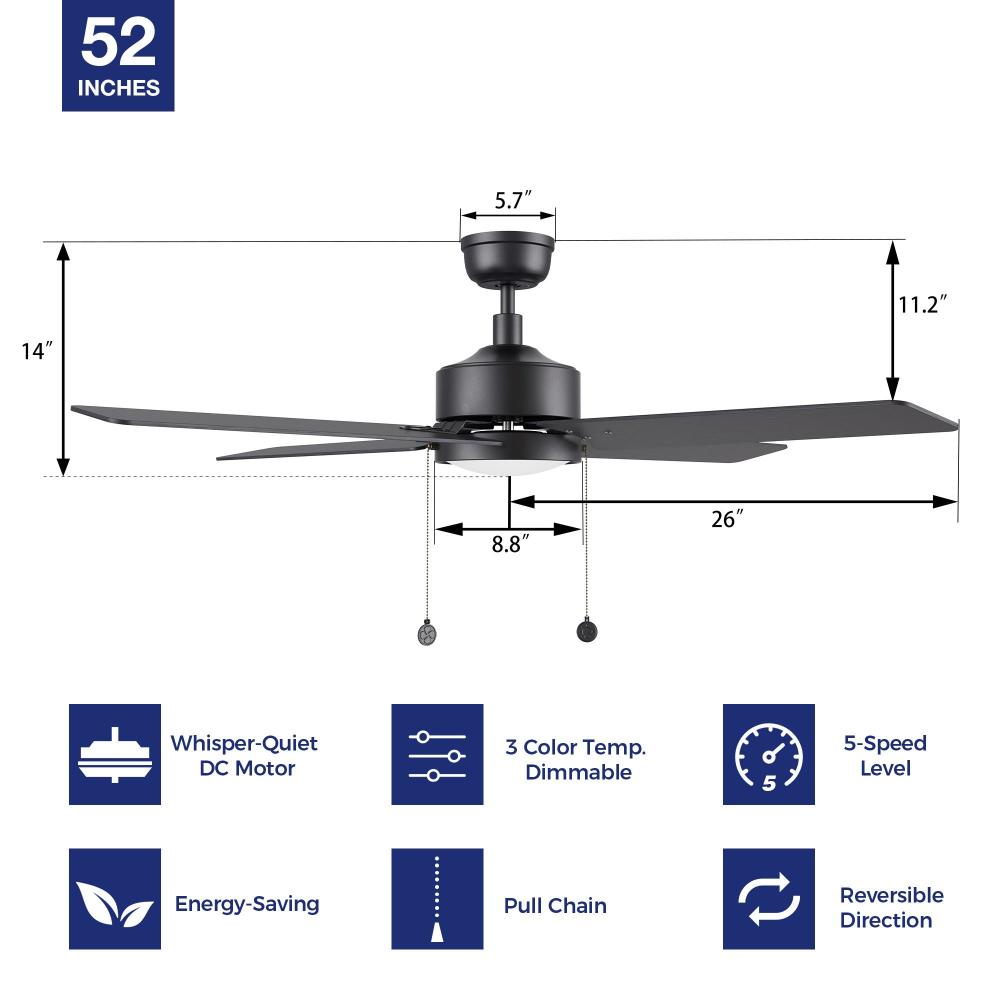 52 Inch Nazzano Ceiling Fan with LED Light and Quiet DC Motor - Perfect for Bedroom, Living Room, and Office Spaces