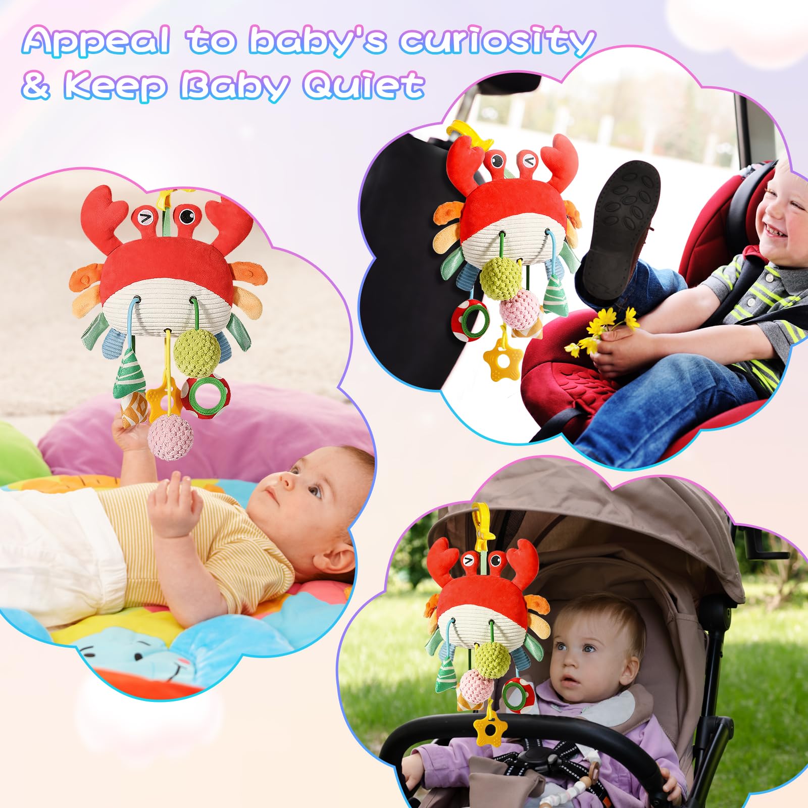 Best Baby Car Seat Toys for 0-6 Months - Soft Crab Stroller Toy with Clamp, Mirror, Rattle & Crinkle Sounds - Perfect Newborn Developmental Toys for 3-6 Months - Ideal Gift for Infants 0+ (Great for Strollers, Car Seats & Playtime)