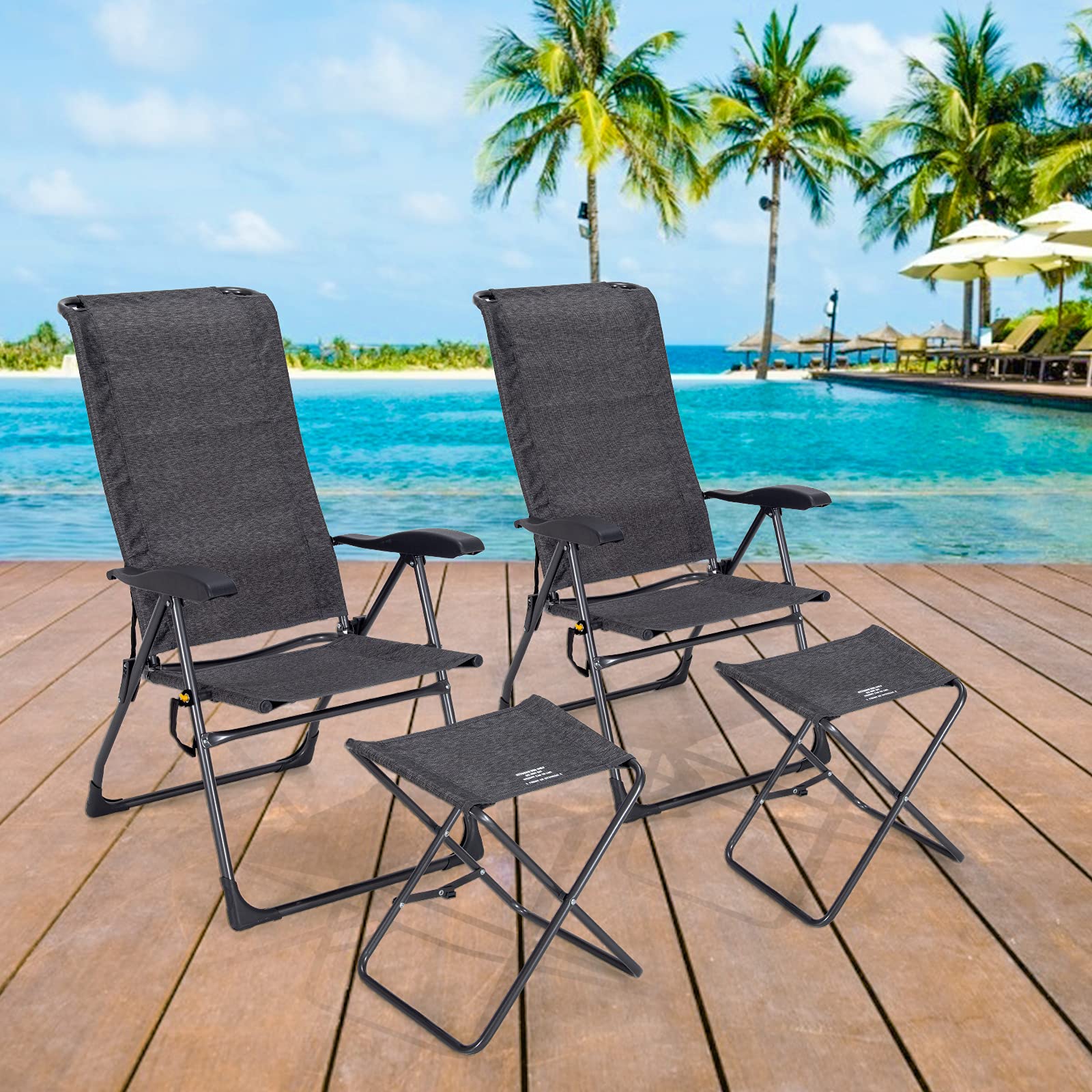 Giantex 4-Piece Folding Patio Chair Set - 2 Pack Adjustable Sling Chairs with Footrest for Outdoor Dining, Camping, Lawn & Poolside Relaxation | Portable Garden Chairs for Porch, Yard, Backyard & Beach Use