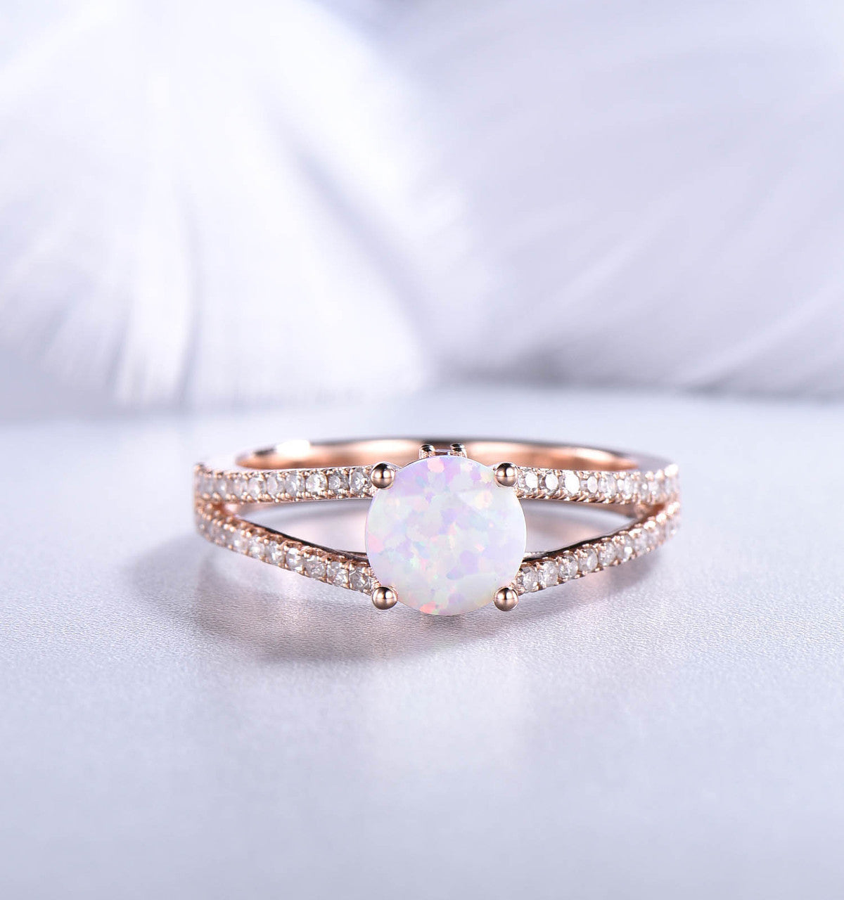Vintage Opal Engagement Ring - Split Shank Round Cut Opal Wedding Band in Rose Gold | Perfect for Proposals, Anniversaries & Romantic Occasions