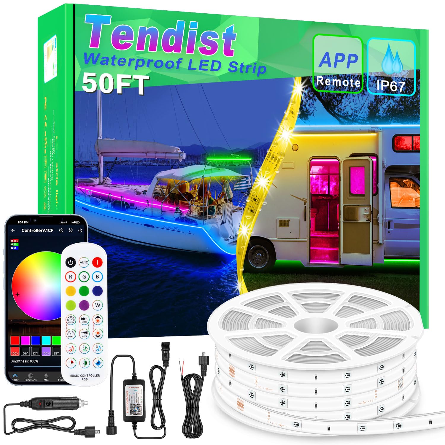 Waterproof 50FT Marine LED Boat Lights with App Control - 12V RGB Pontoon Lighting Strips for Interior & Exterior Use | Perfect for Night Fishing on Jon Boats, Yachts, Kayaks & Cabins | Durable Underwater & Deck Lighting Solution