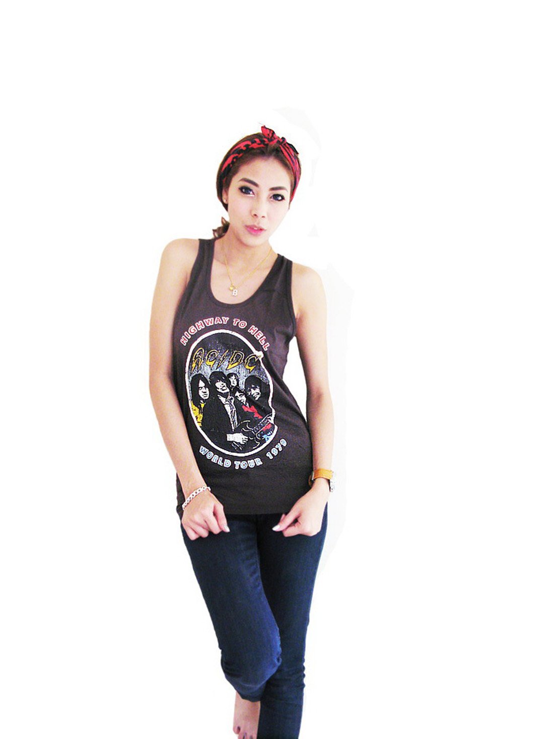 Bunny Brand Women's AC/DC Highway to Hell World Tour 1979 Vintage Rock Music Tank Top - Soft Cotton Racerback Vest T-Shirt for Concerts, Parties & Casual Wear