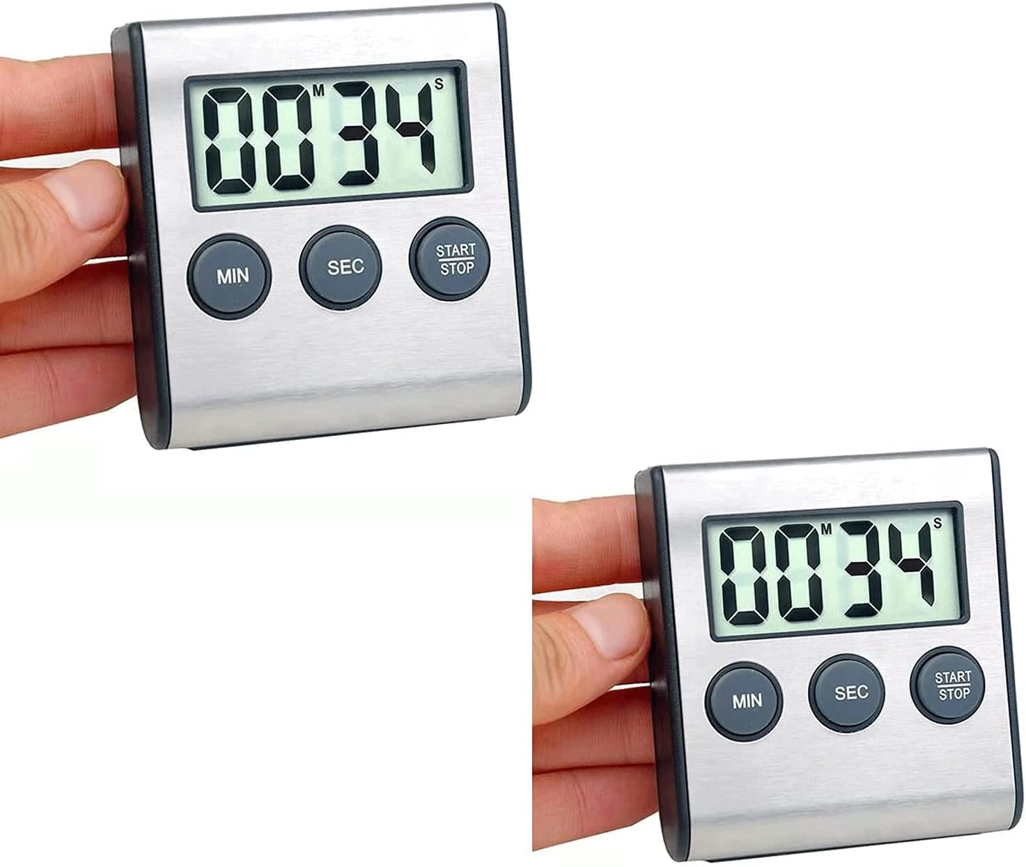 2 Pack Digital Kitchen Timer with Loud Alarm - Magnetic Countdown Timer for Cooking, Baking, Sports - Stainless Steel Stopwatch for Gym, Classroom & Office Use