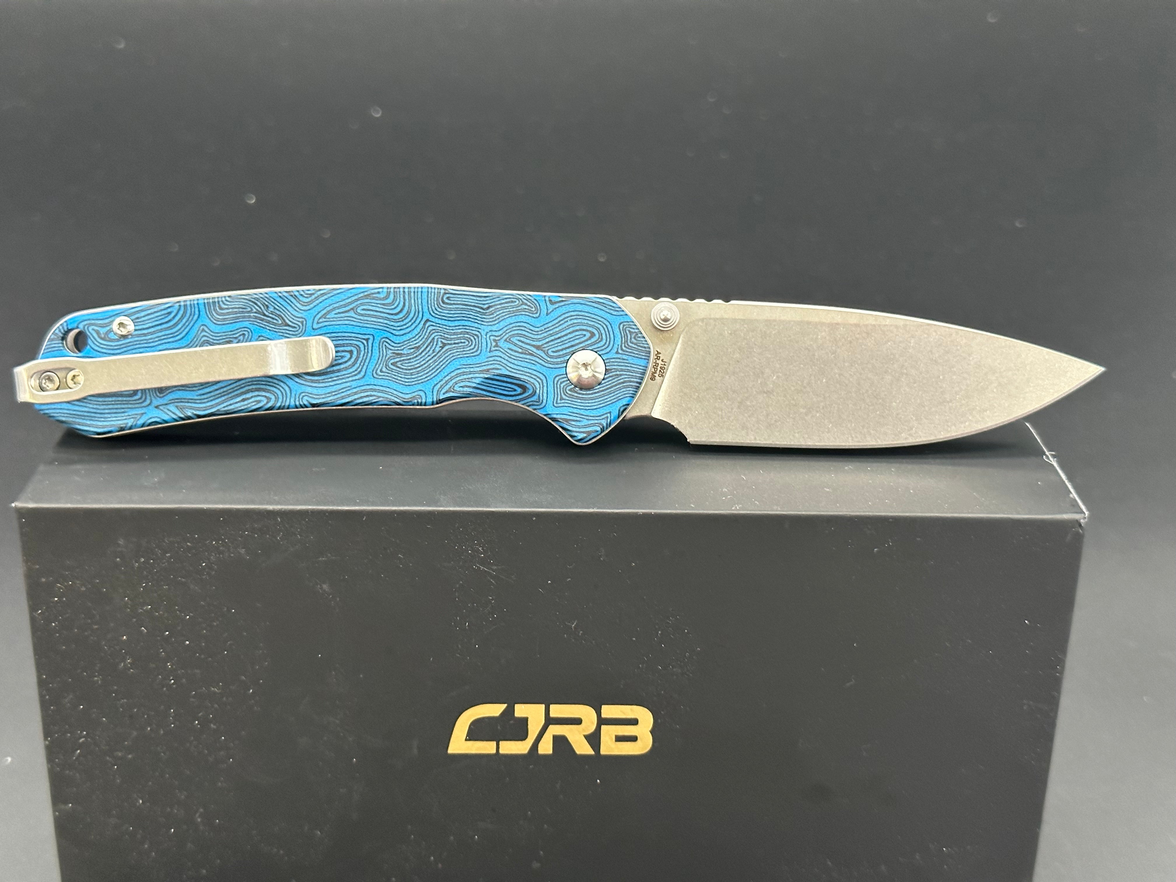 CJRB Pyrite Folding Knife - Black & Blue Damascus Steel EDC Pocket Knife for Outdoor Camping, Hiking, and Everyday Carry