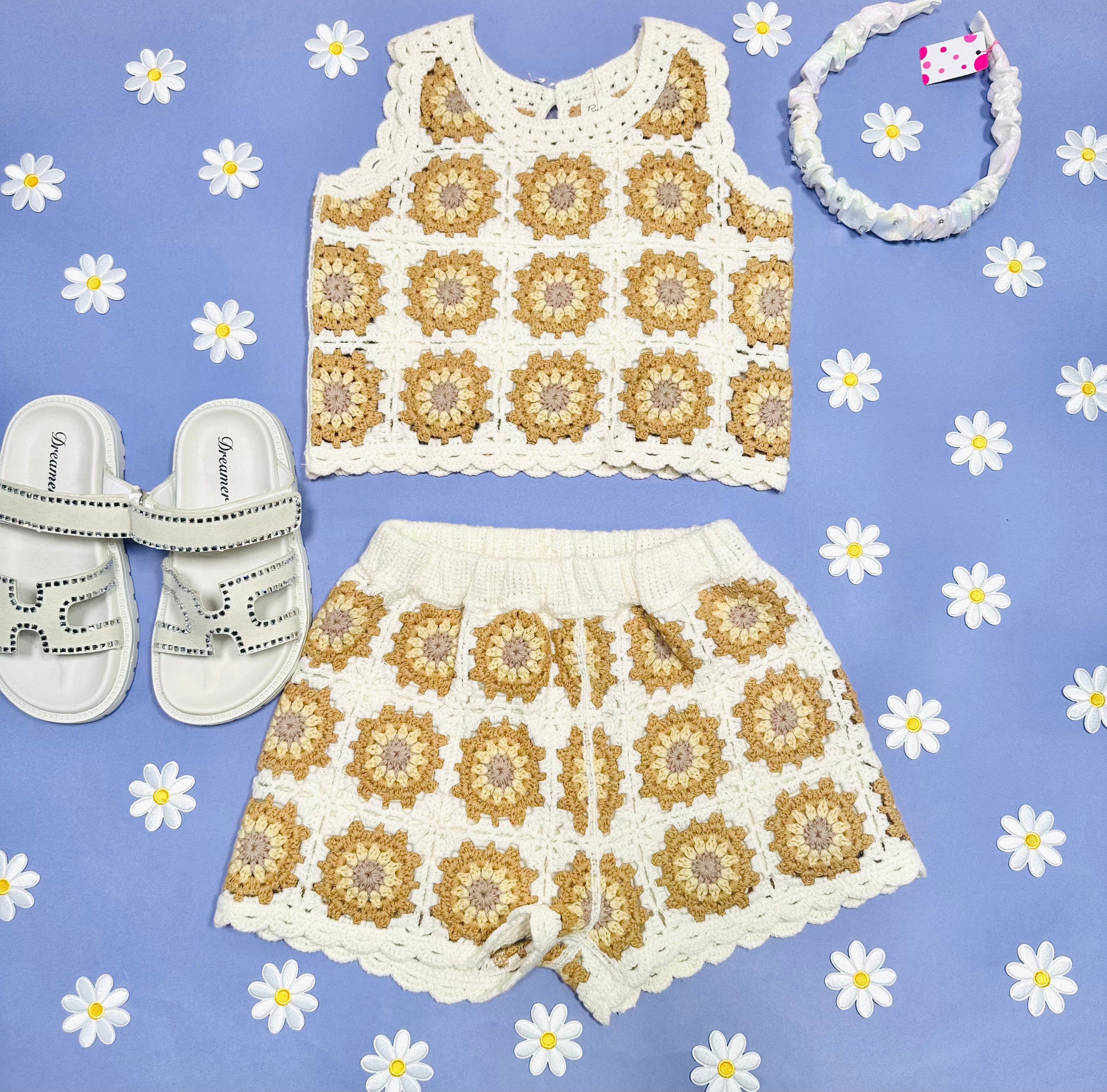 Marigold Daisy Crochet Tank and Shorts Set - Women's Summer Boho Outfit for Beach, Vacation & Casual Wear