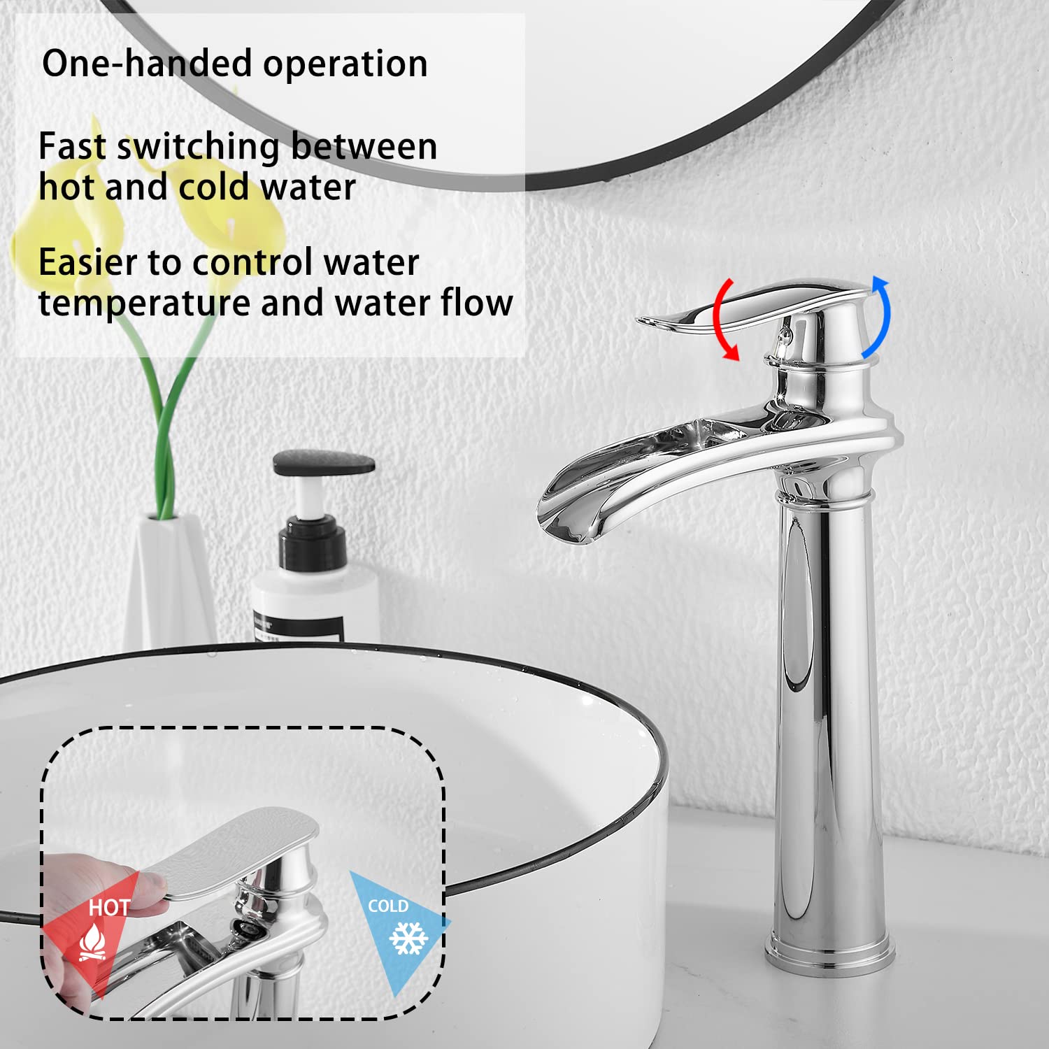 GGStudy Chrome Waterfall Single Handle Bathroom Faucet - One Hole Vessel Sink Faucet with Pop Up Drain for Farmhouse Style Bathroom | Perfect for Modern & Rustic Bathroom Decor