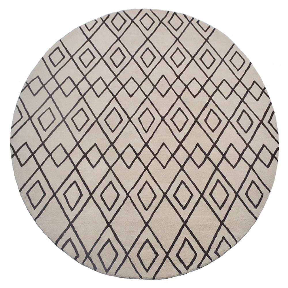 Hand Tufted Wool Eco-Friendly Round Area Rug 8'x8' - Cream & Brown Geometric Modern Design, High Pile Thick Handmade Carpet for Living Room & Bedroom | Soft & Durable Floor Decor for Home, Office & Nursery (K04510)
