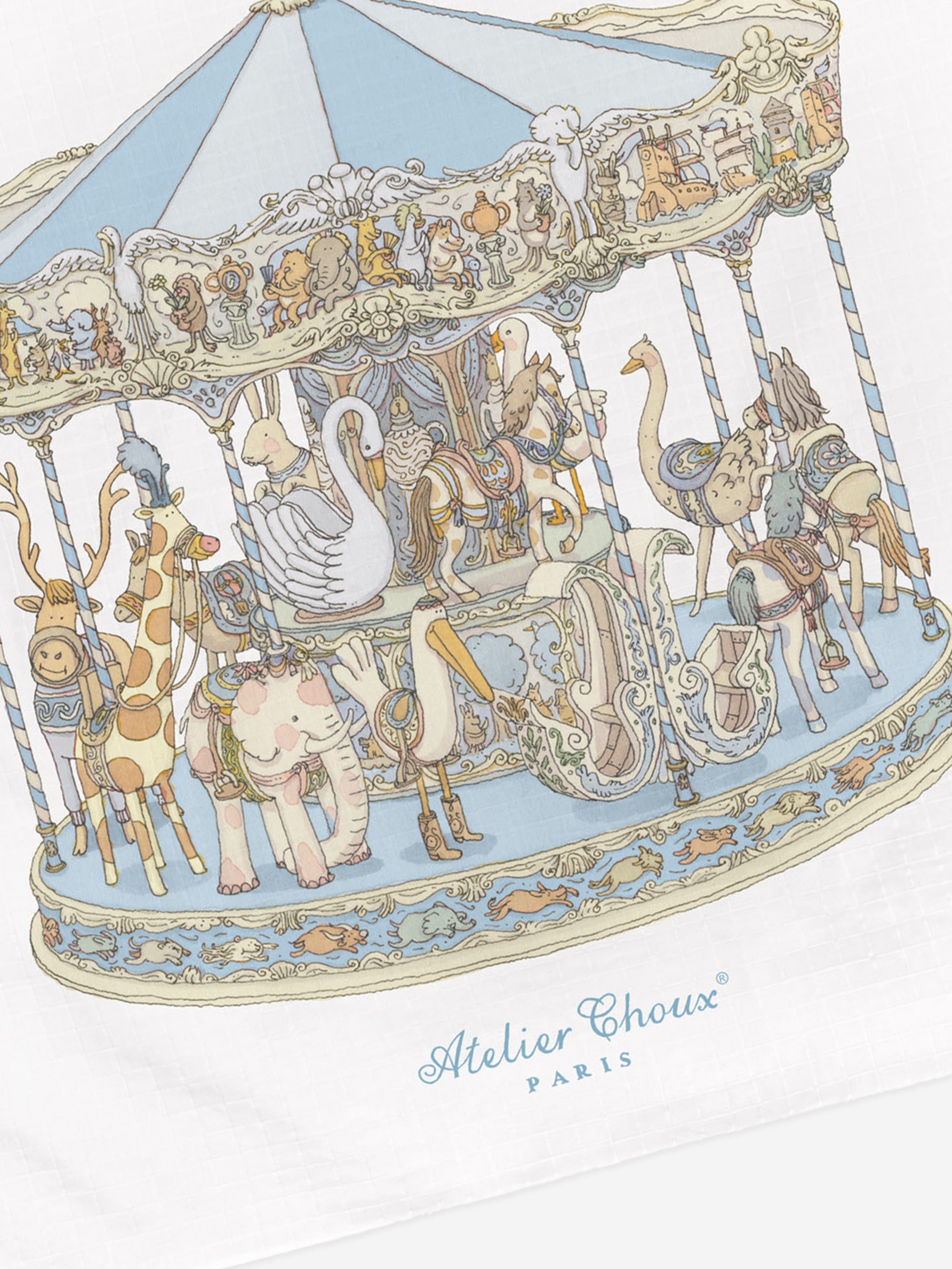 Atelier Choux Blue Carousel Swaddle Blanket for Baby Boys - 100cm Soft Cotton Muslin Wrap - Perfect for Newborns, Nursery, and Photo Shoots
