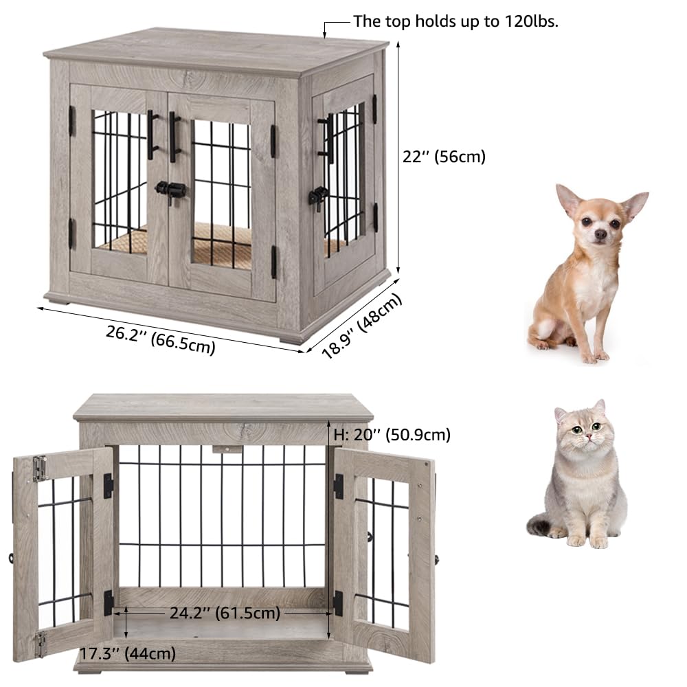 BeeNbkks Wooden Dog Crate End Table with Double Doors - Stylish Wire Kennel & Removable Pet Bed for Medium to Large Dogs - Perfect Indoor Dog House for Living Room, Bedroom or Office Decor