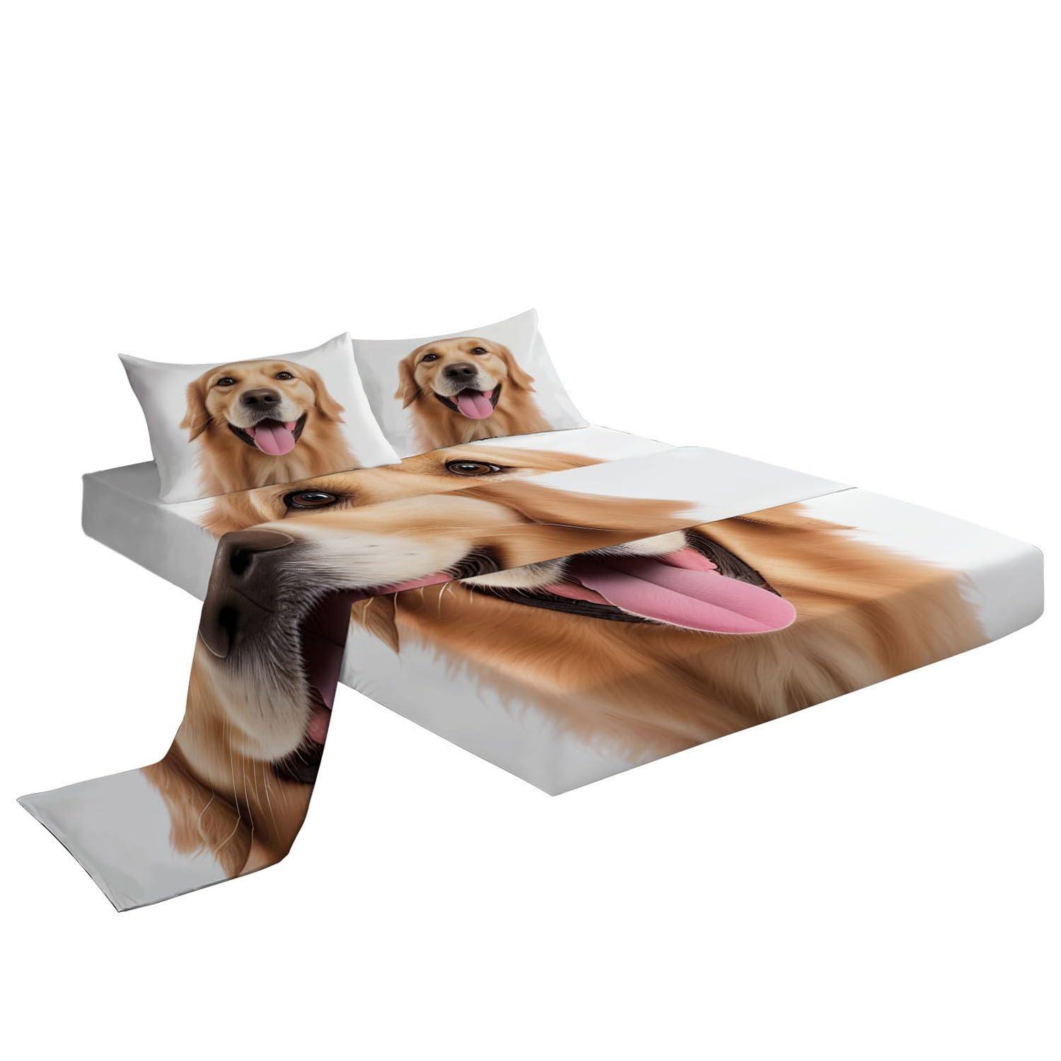 King Size 4-Piece Dog Lover Bed Sheet Set - Golden Retriever Print, Ultra Soft & Breathable Cooling Sheets with Deep 16